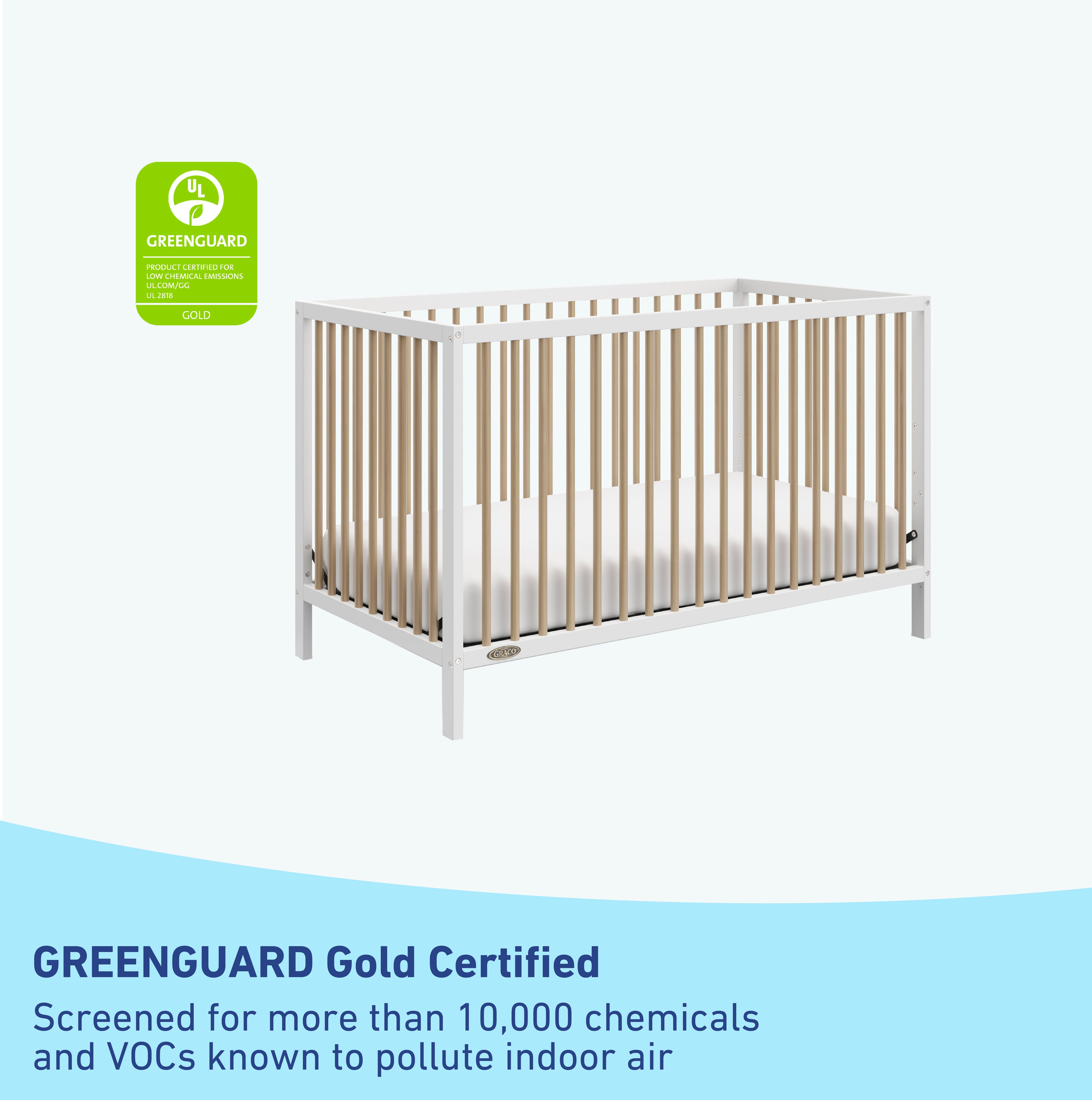 White crib with driftwood with GREENGUARD Gold Certified badge