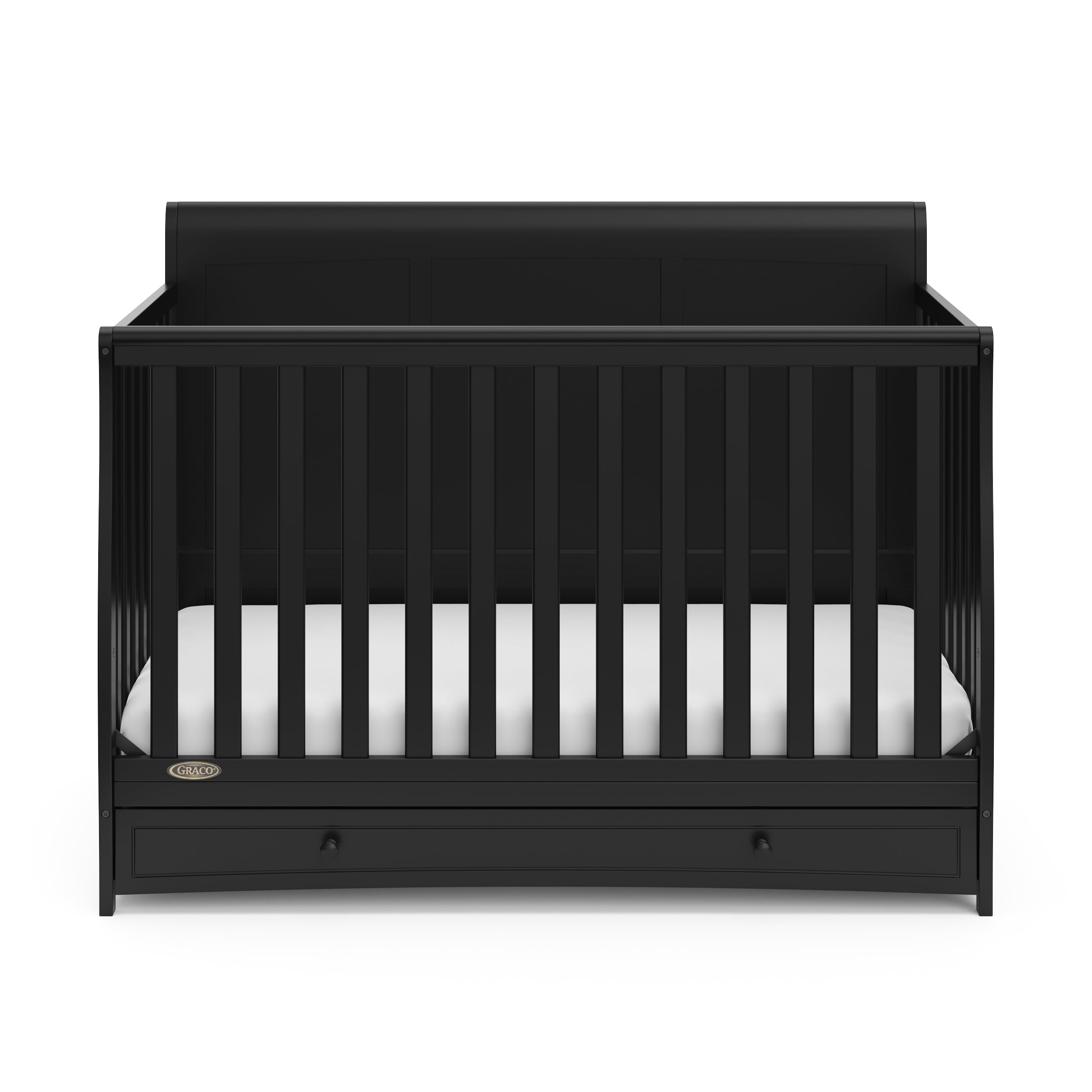 Front view of black crib with drawer