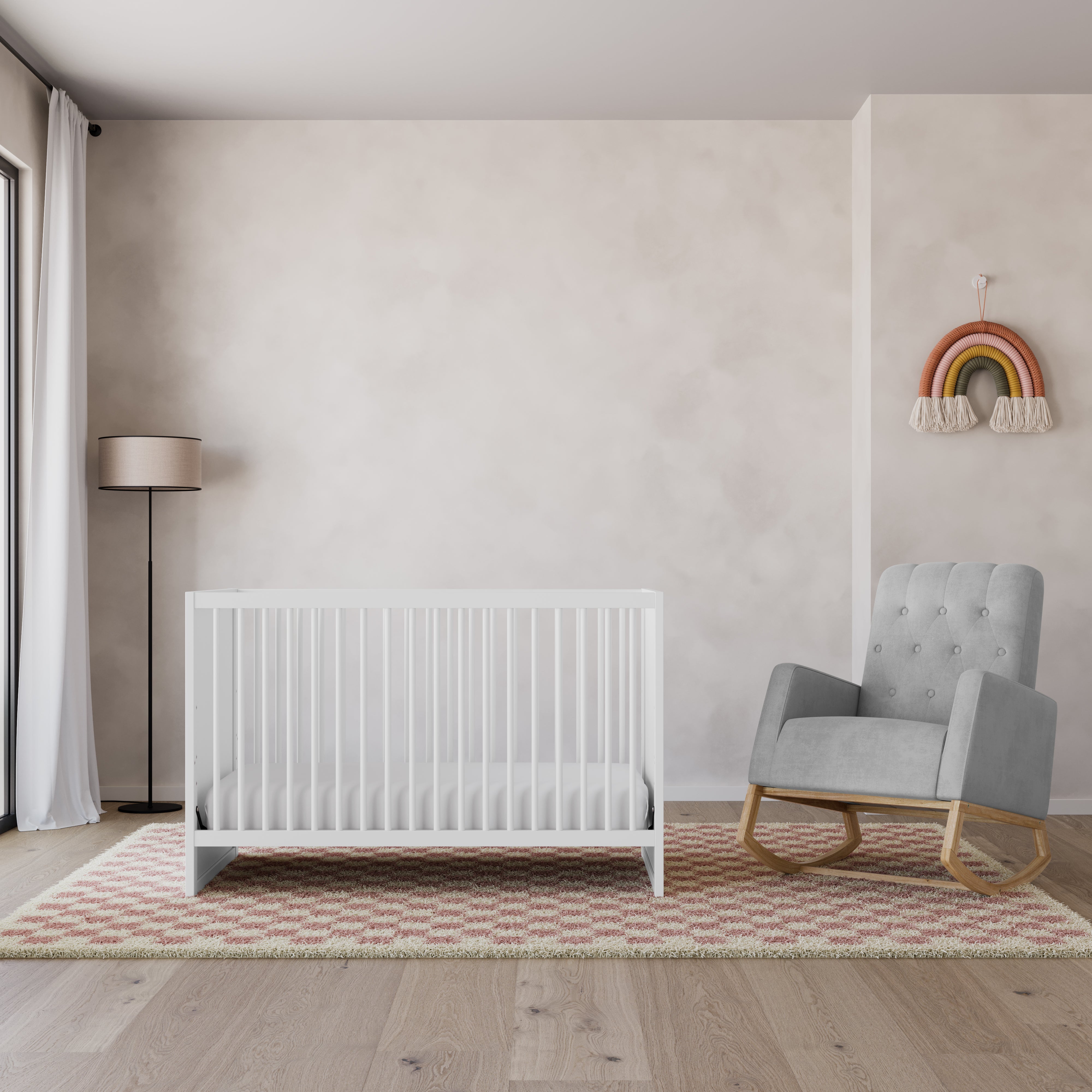 white crib with a rocker in steel fabric, in nursery