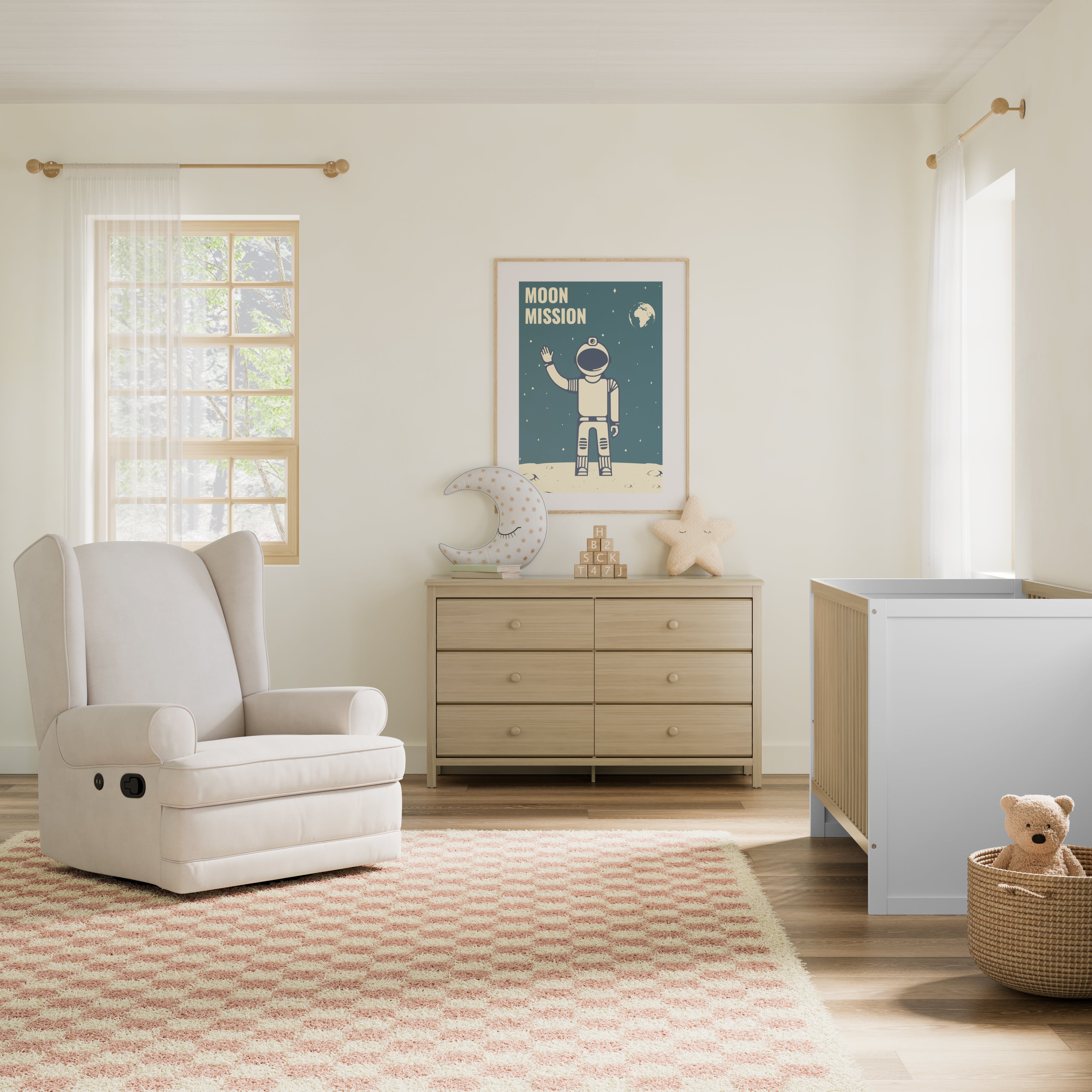 driftwood 6 drawer dresser, with ivory dresser, and white with driftwood crib in nursery