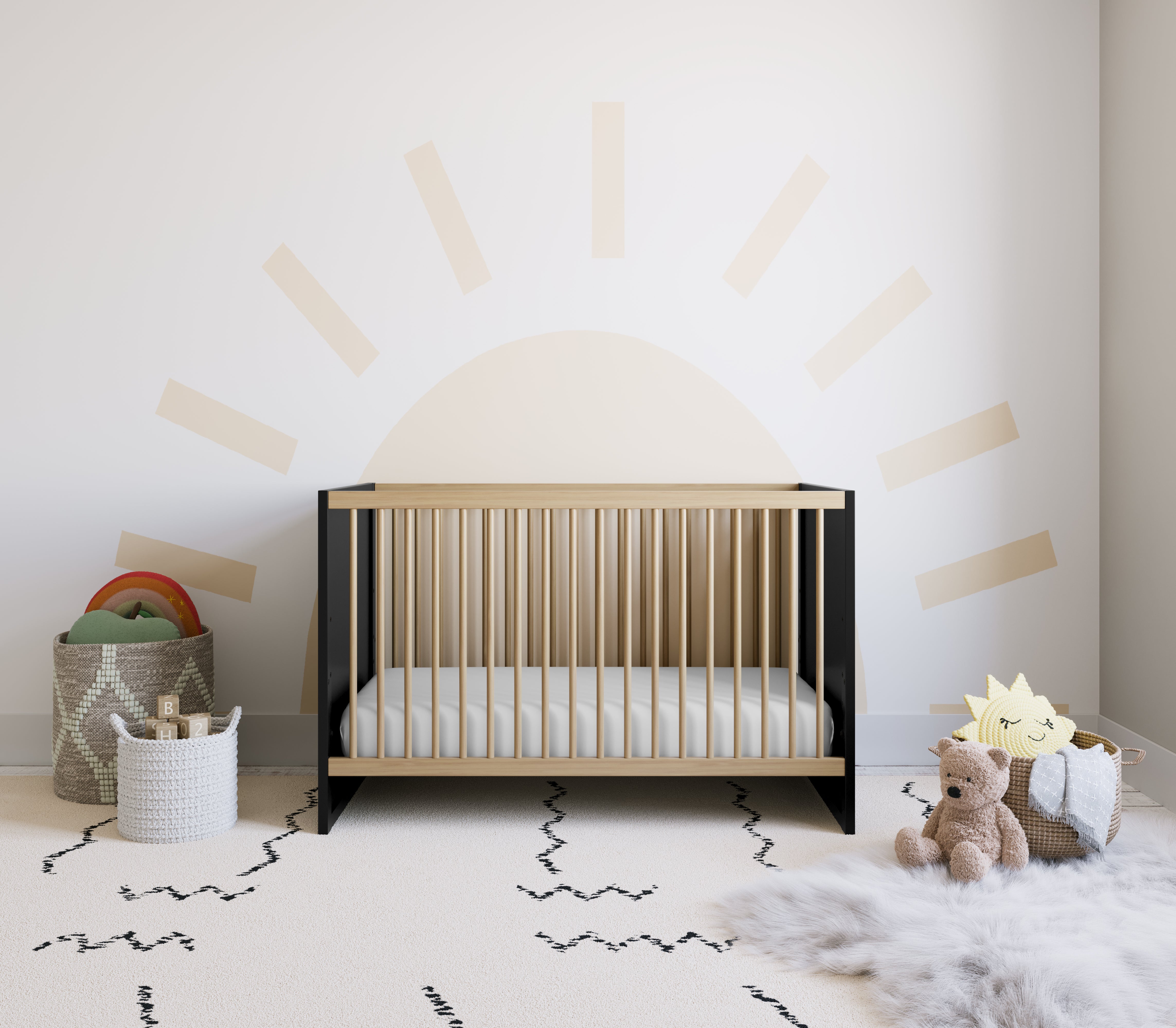 black with vintage driftwood crib in nursery