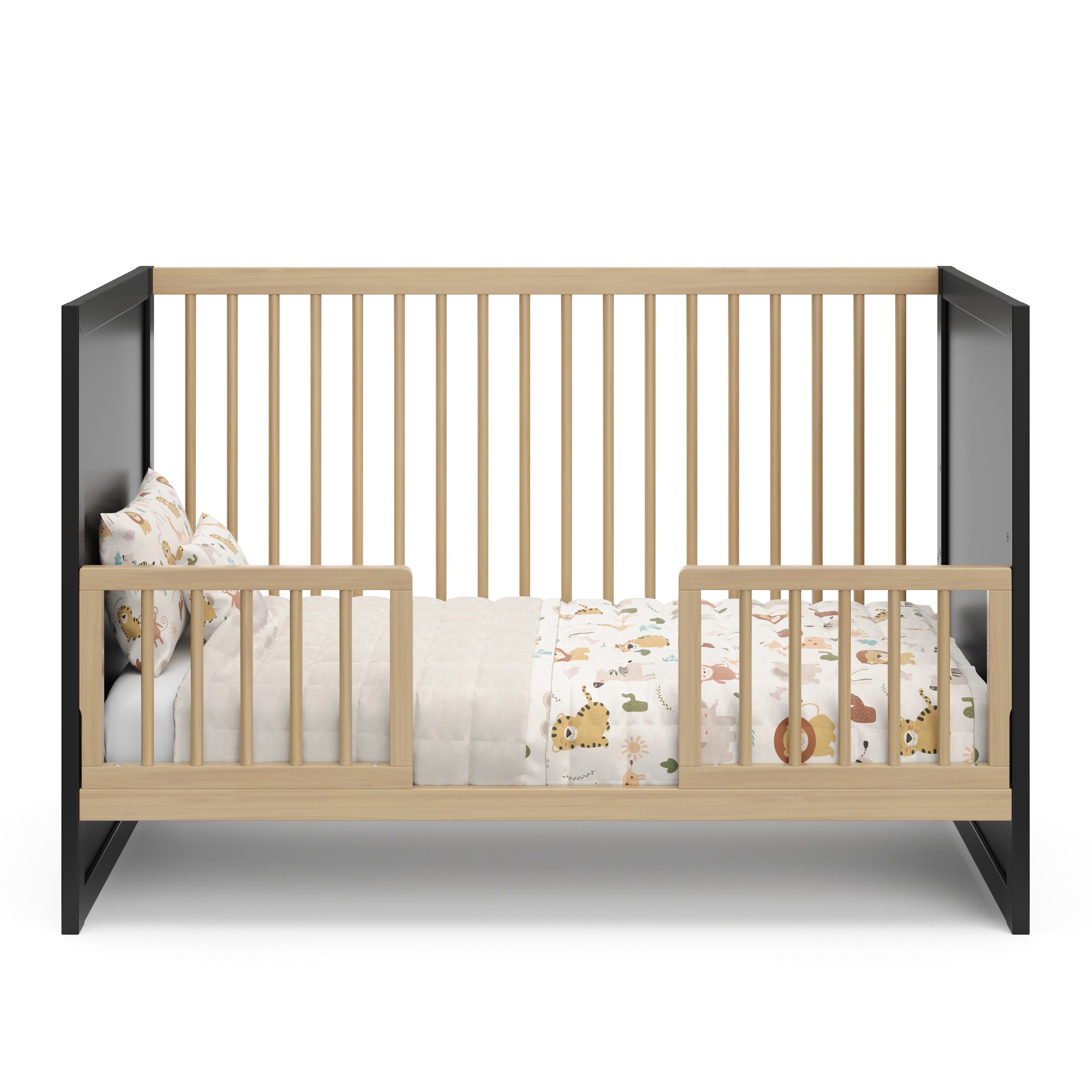 Driftwood Toddler Safety Guardrail Kit with dowels applied in toddler bed