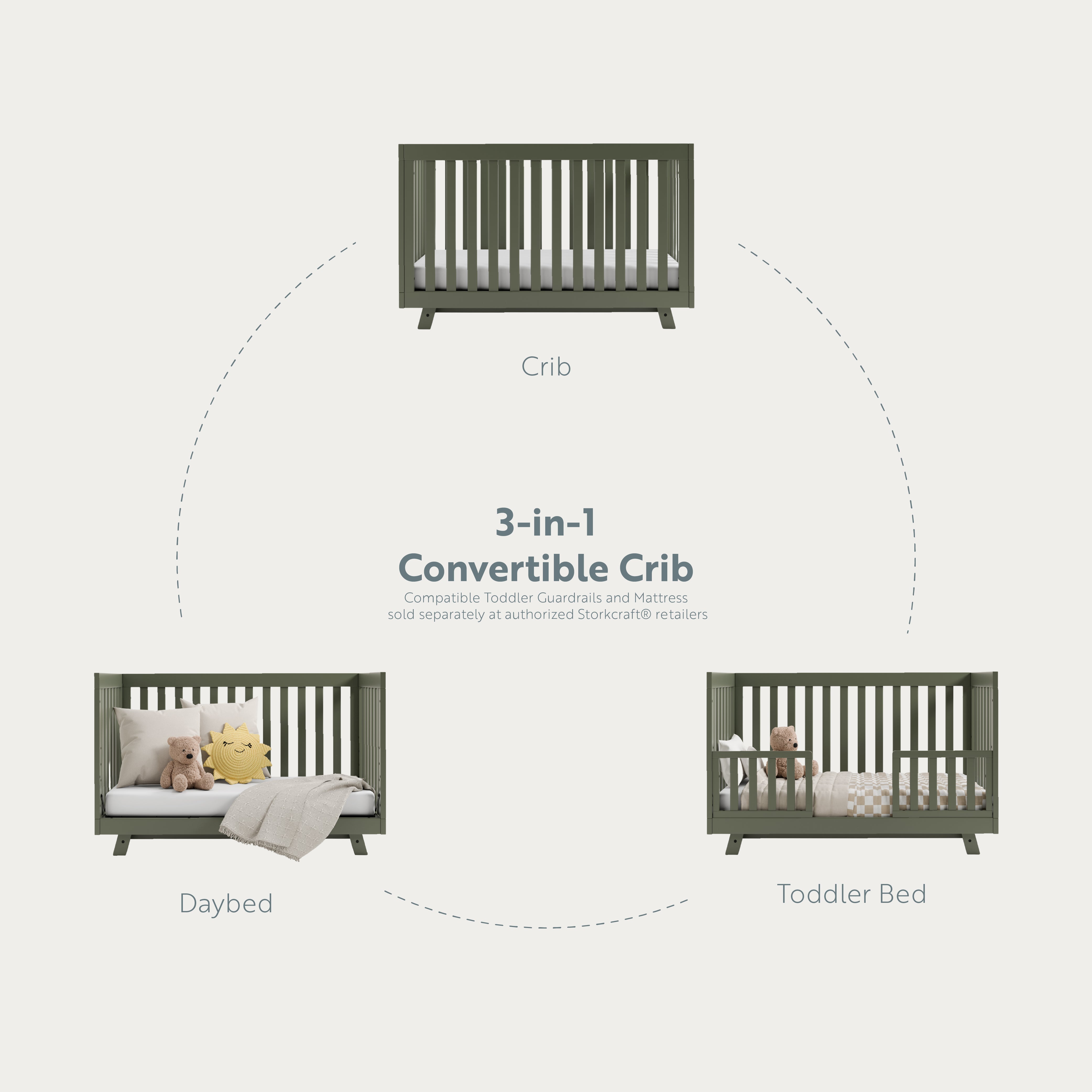 Crib with convertibility options displayed (Olive)