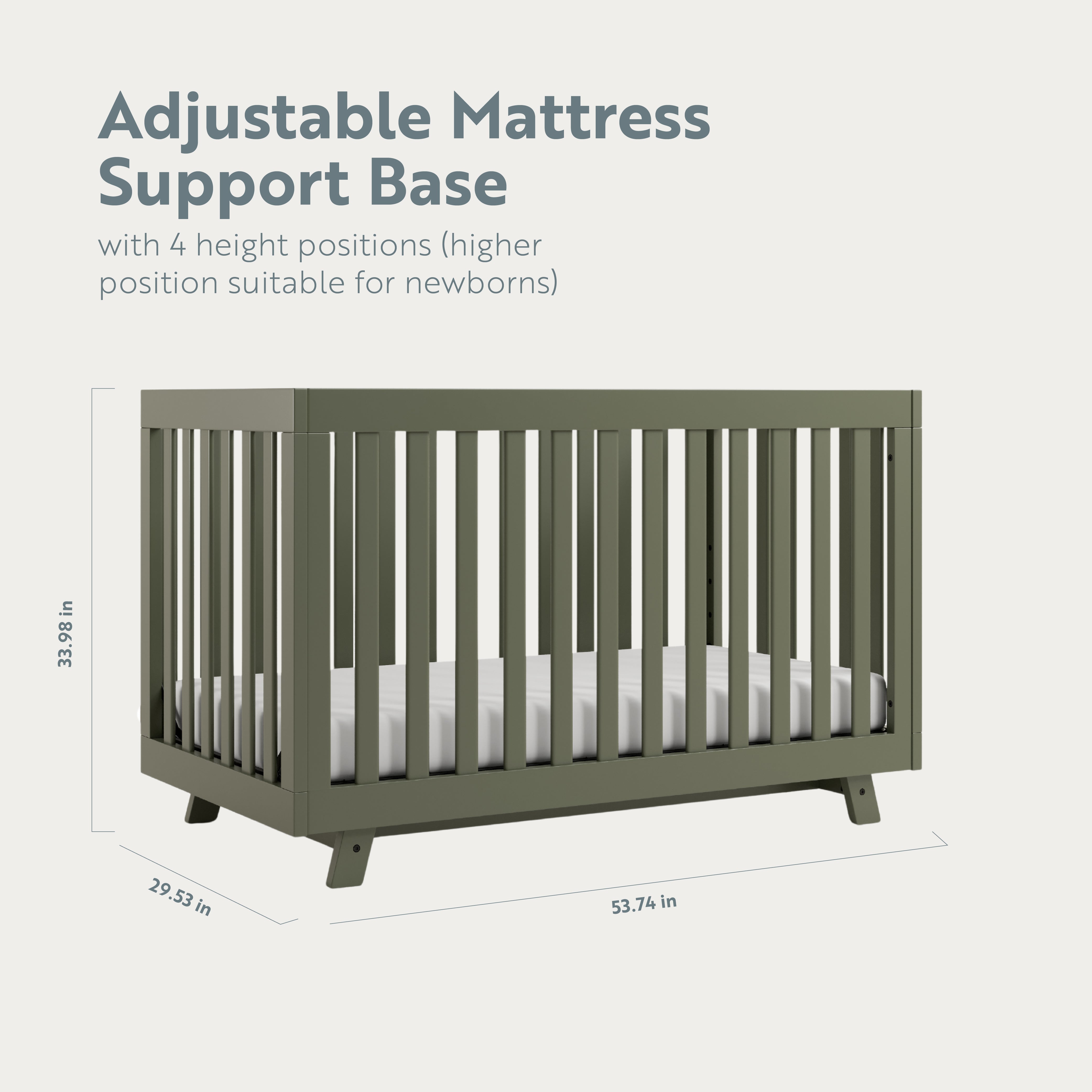 Crib with adjustable mattress description and dimensions displayed (Olive)