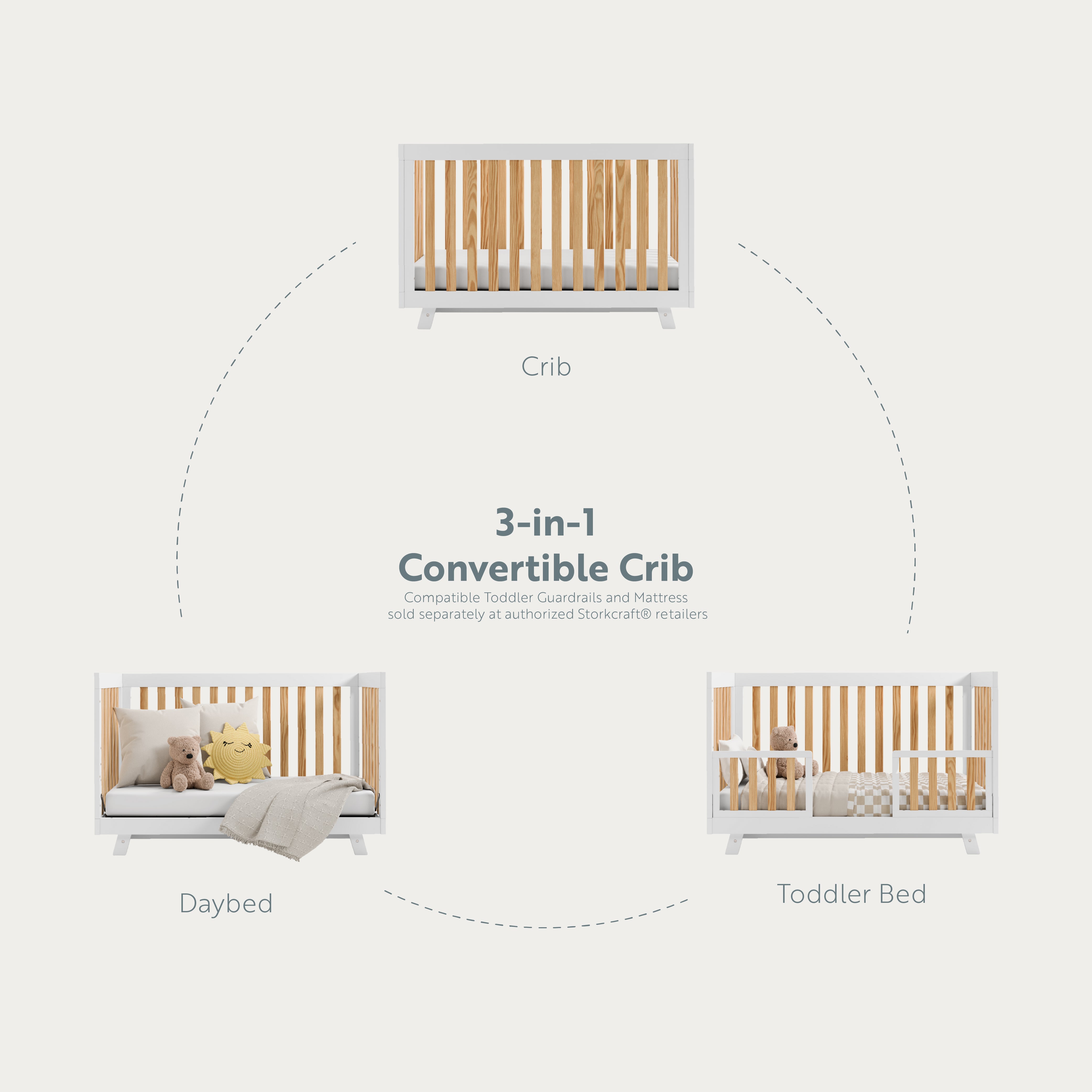 Crib with convertibility options displayed (White with natural)