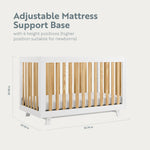 Crib with adjustable mattress description and dimensions displayed (White with Natural)