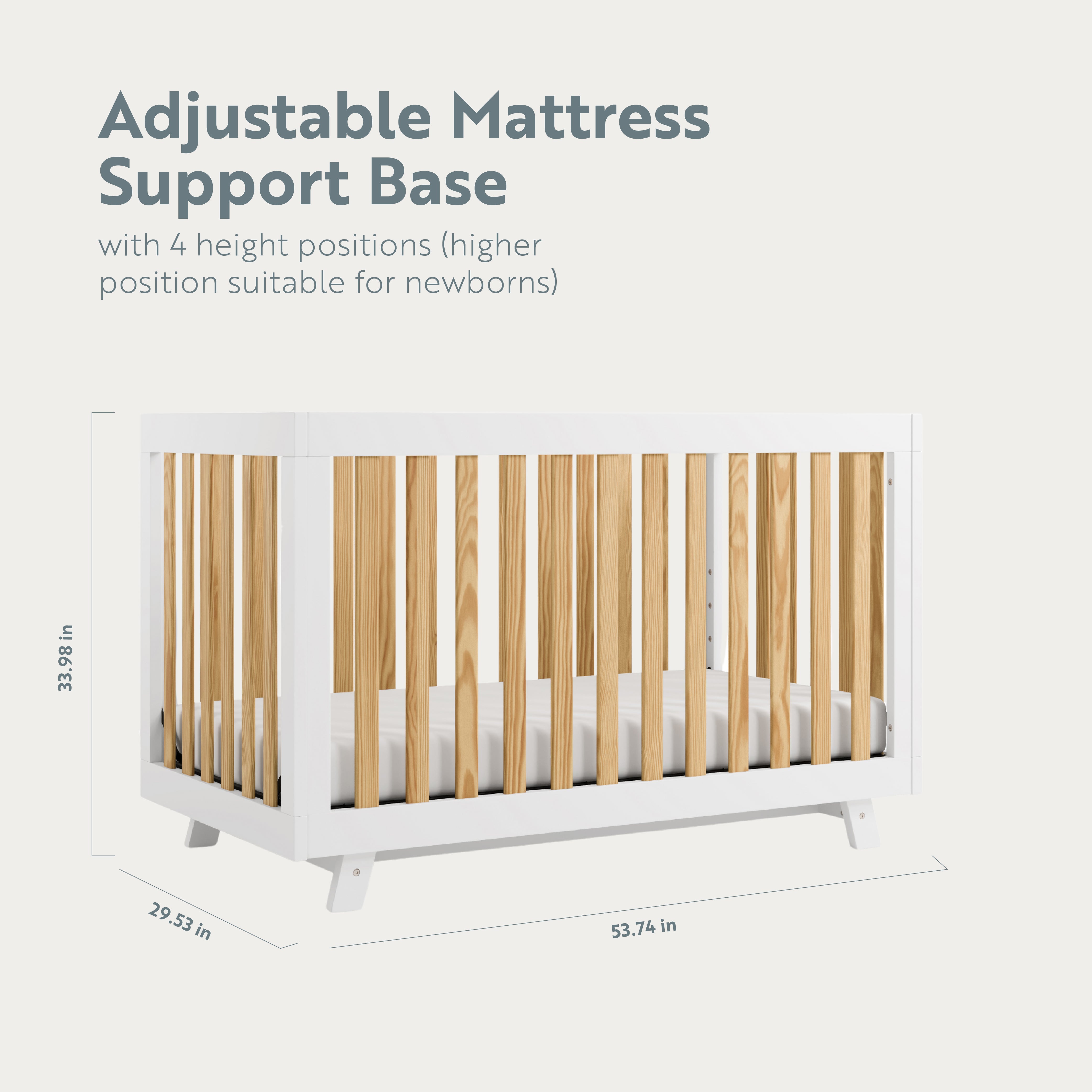 Crib with adjustable mattress description and dimensions displayed (White with Natural)