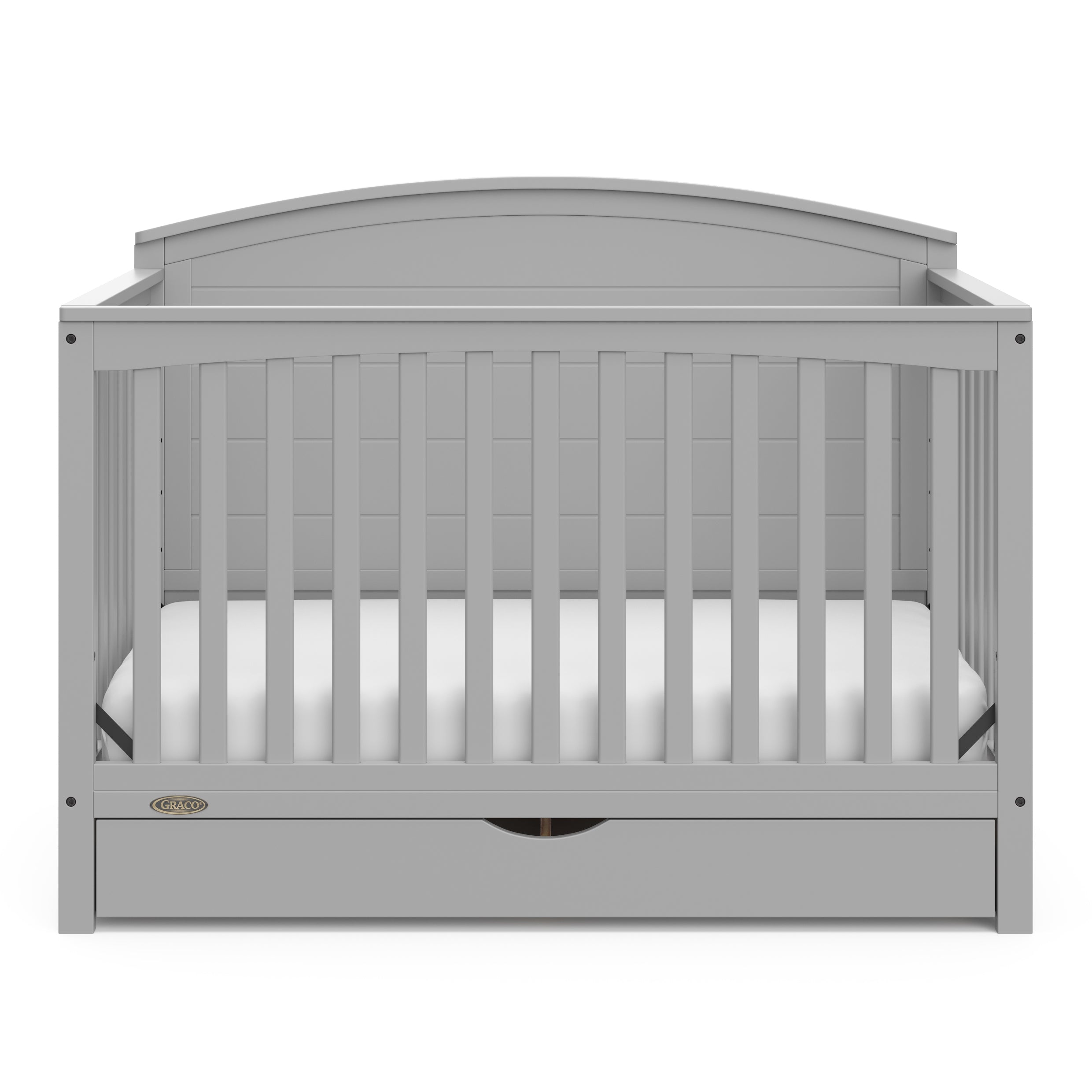 Convertible pebble gray crib front view