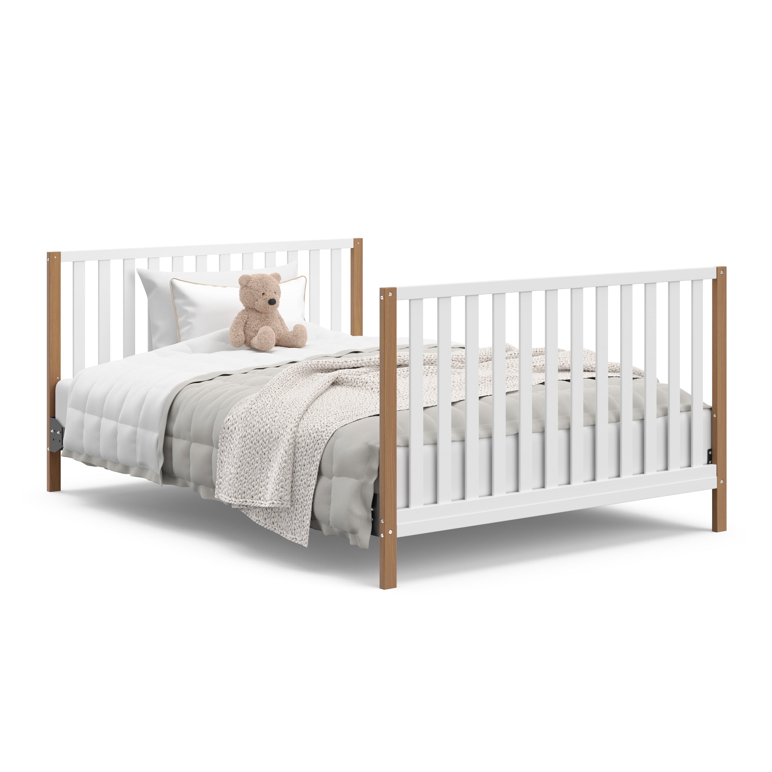 White with driftwood crib in full-size bed with headboard and footboard conversion