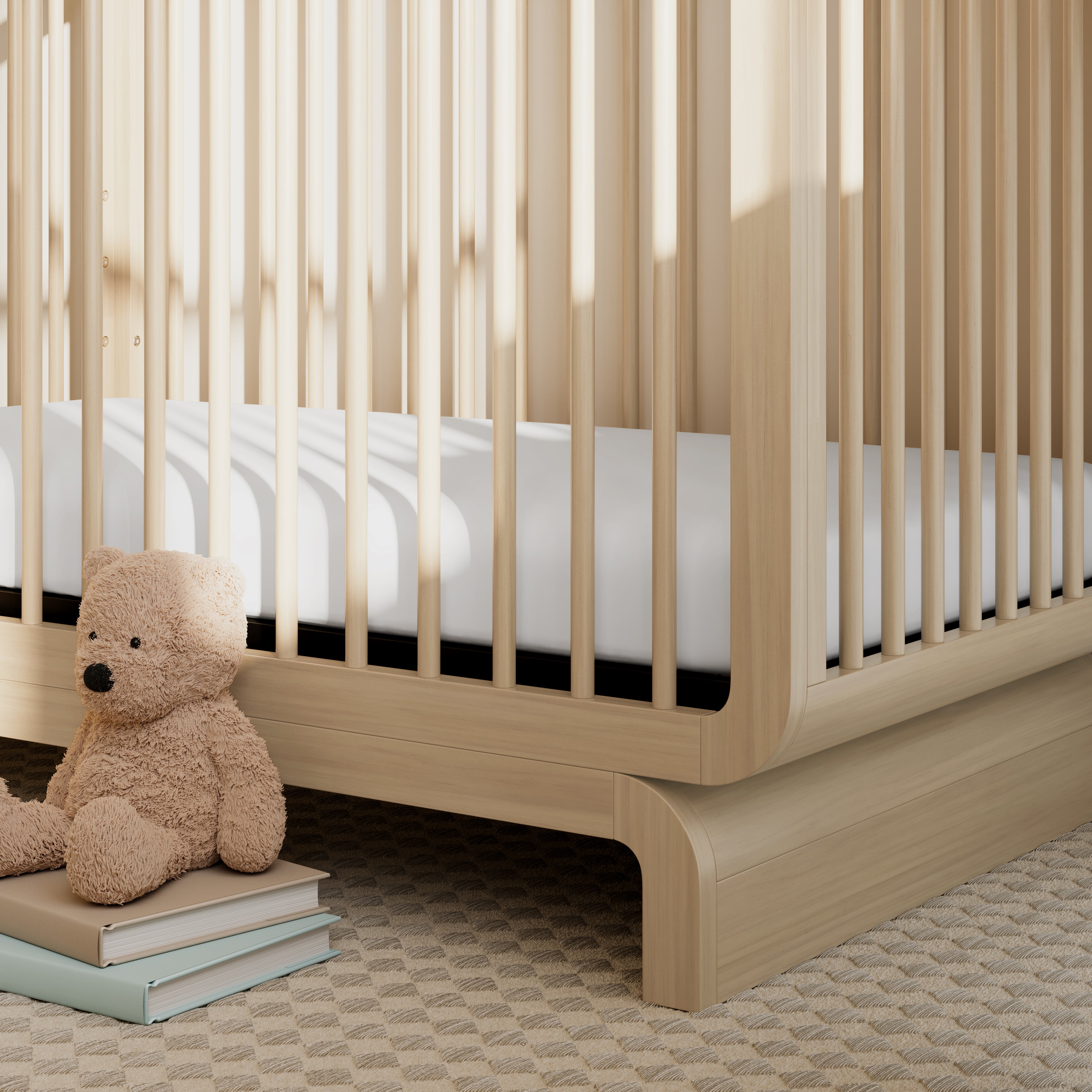 Close up view of driftwood crib in nursery (Driftwood)