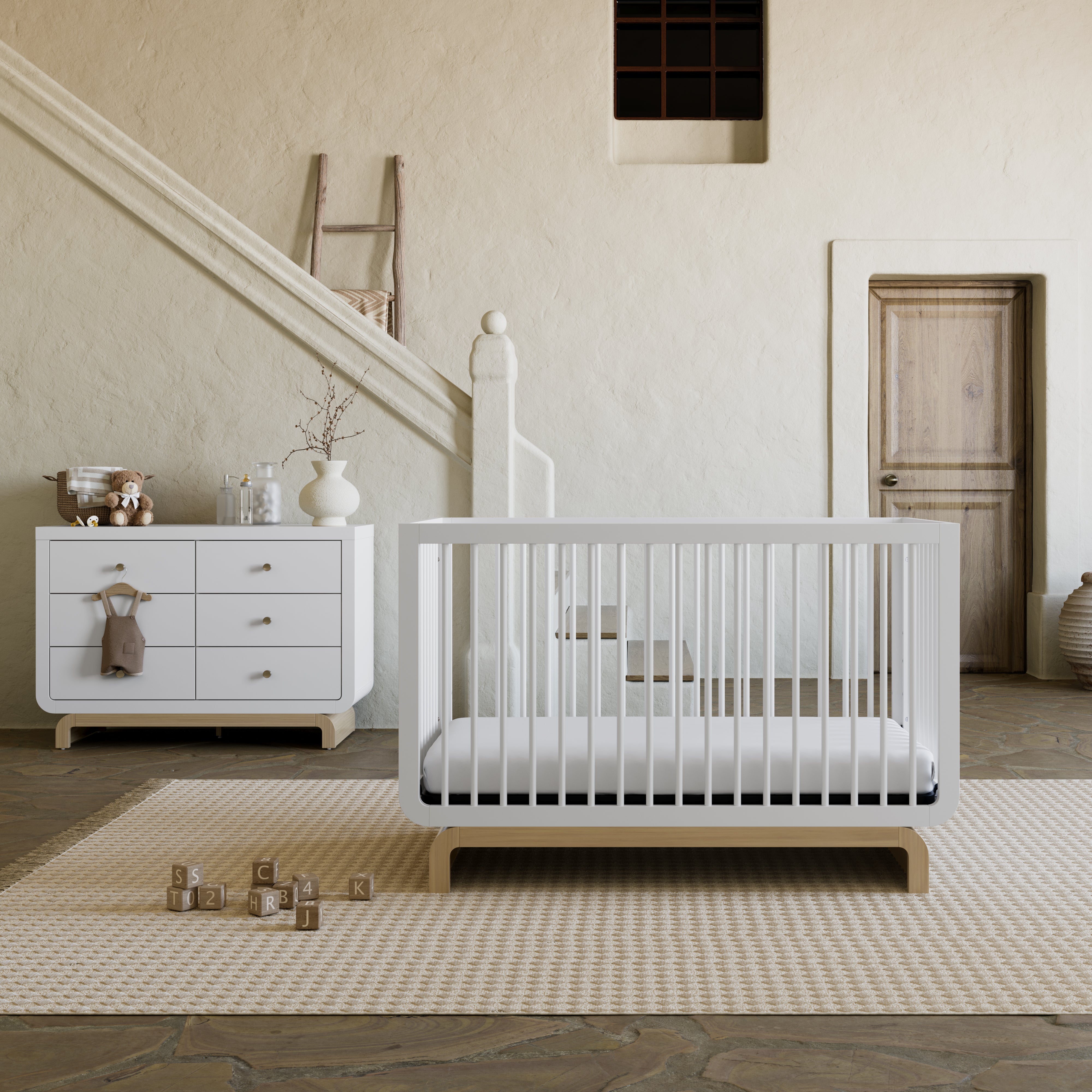 crib and dresser in a nursery (White with Driftwood)