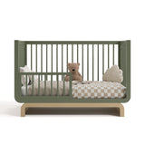 santorini olive with driftwood crib toddler bed conversion with bedding and teddy bear