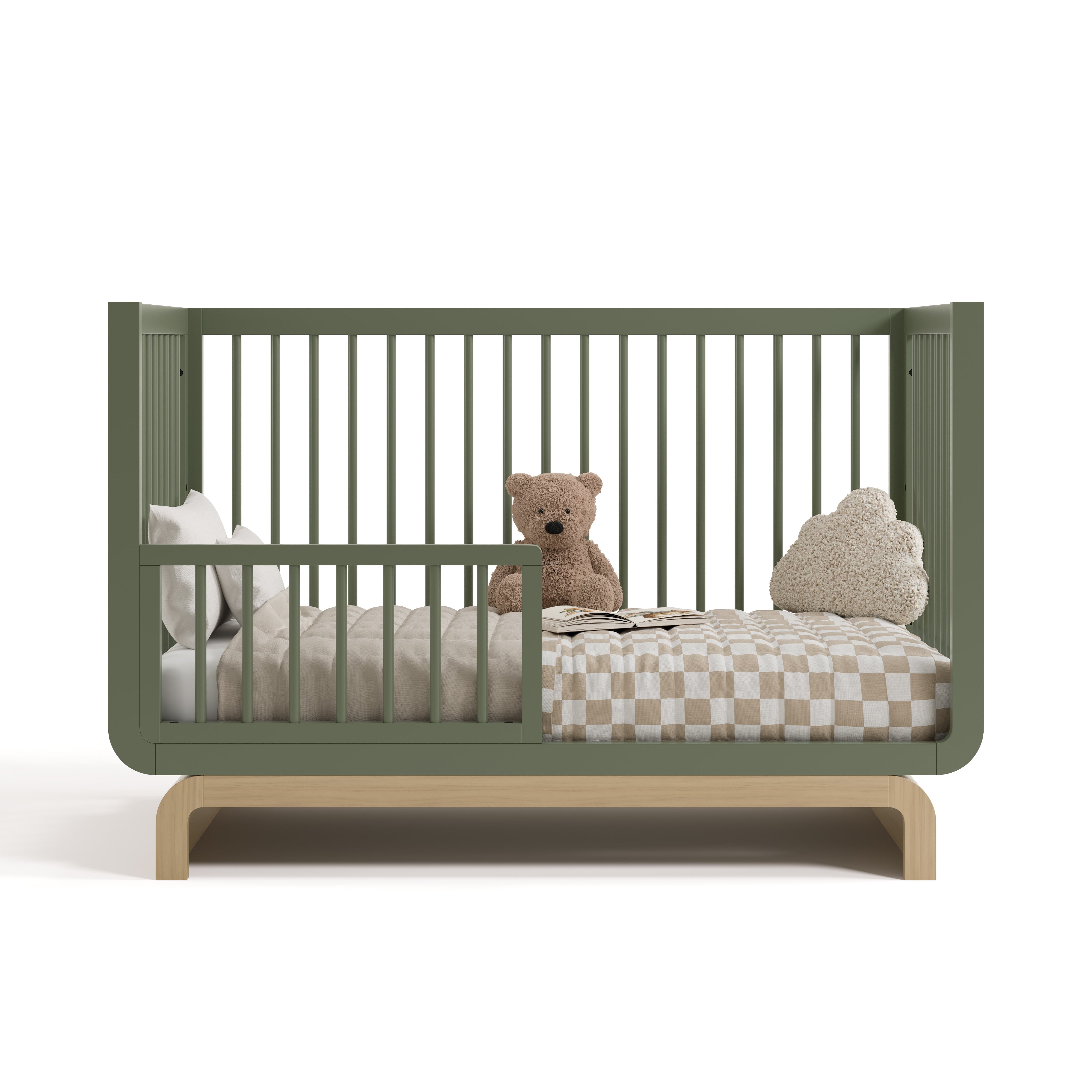 santorini olive with driftwood crib toddler bed conversion with bedding and teddy bear