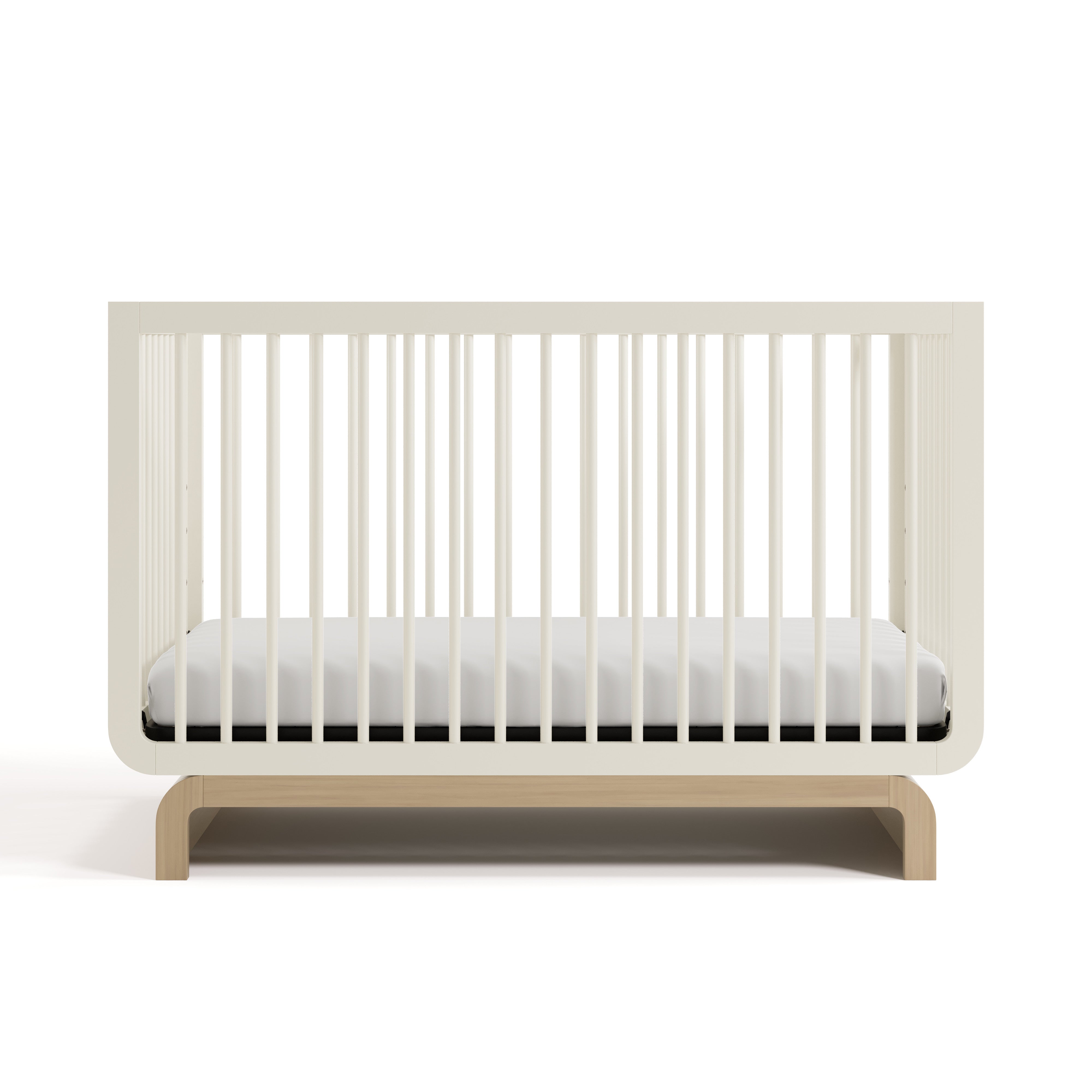 Two-tone frosted oat and natural wood baby crib, at a front-facing angle (Frosted Oat with Driftwood)