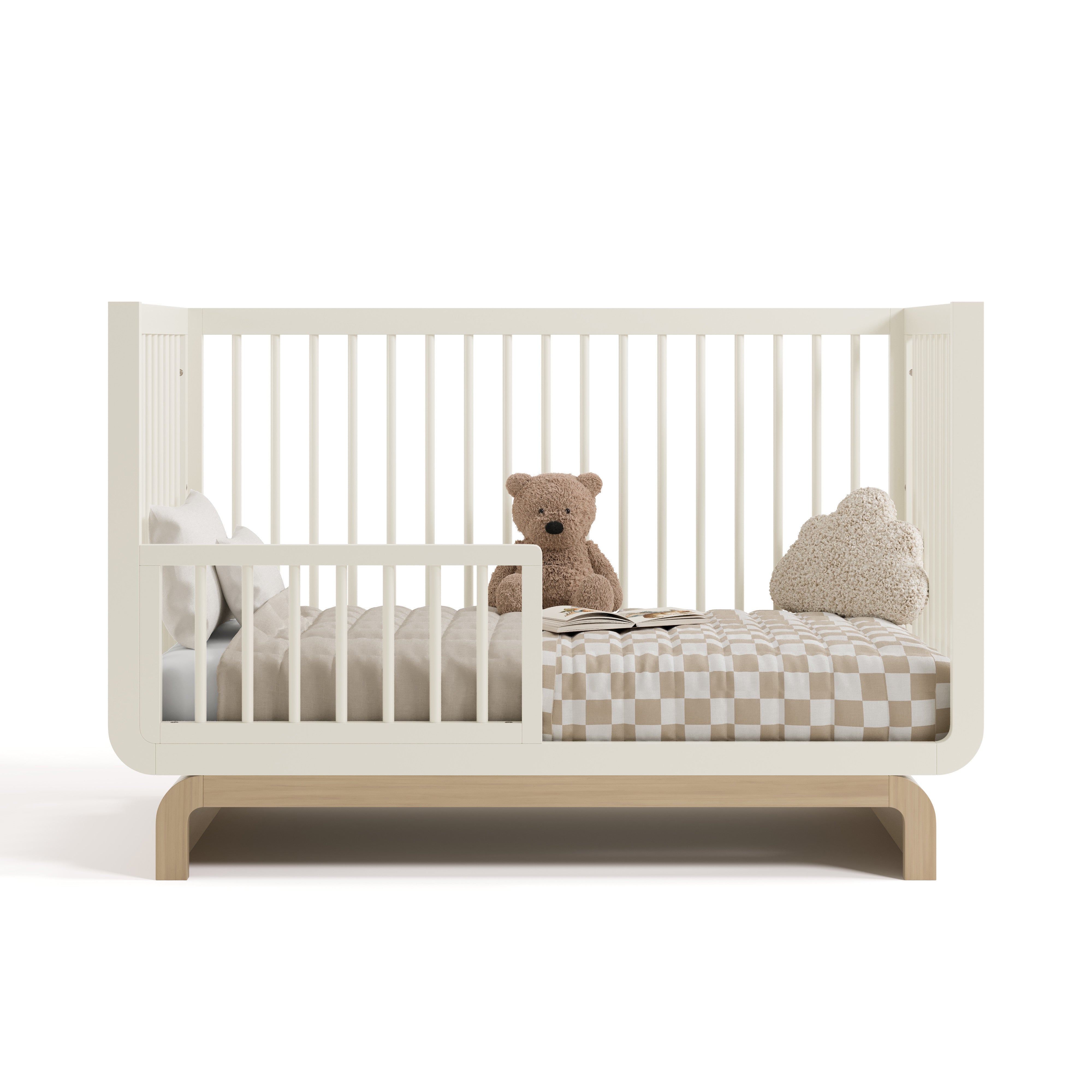 crib in a toddler bed conversion with one guardrail (Frosted Oat with Driftwood)