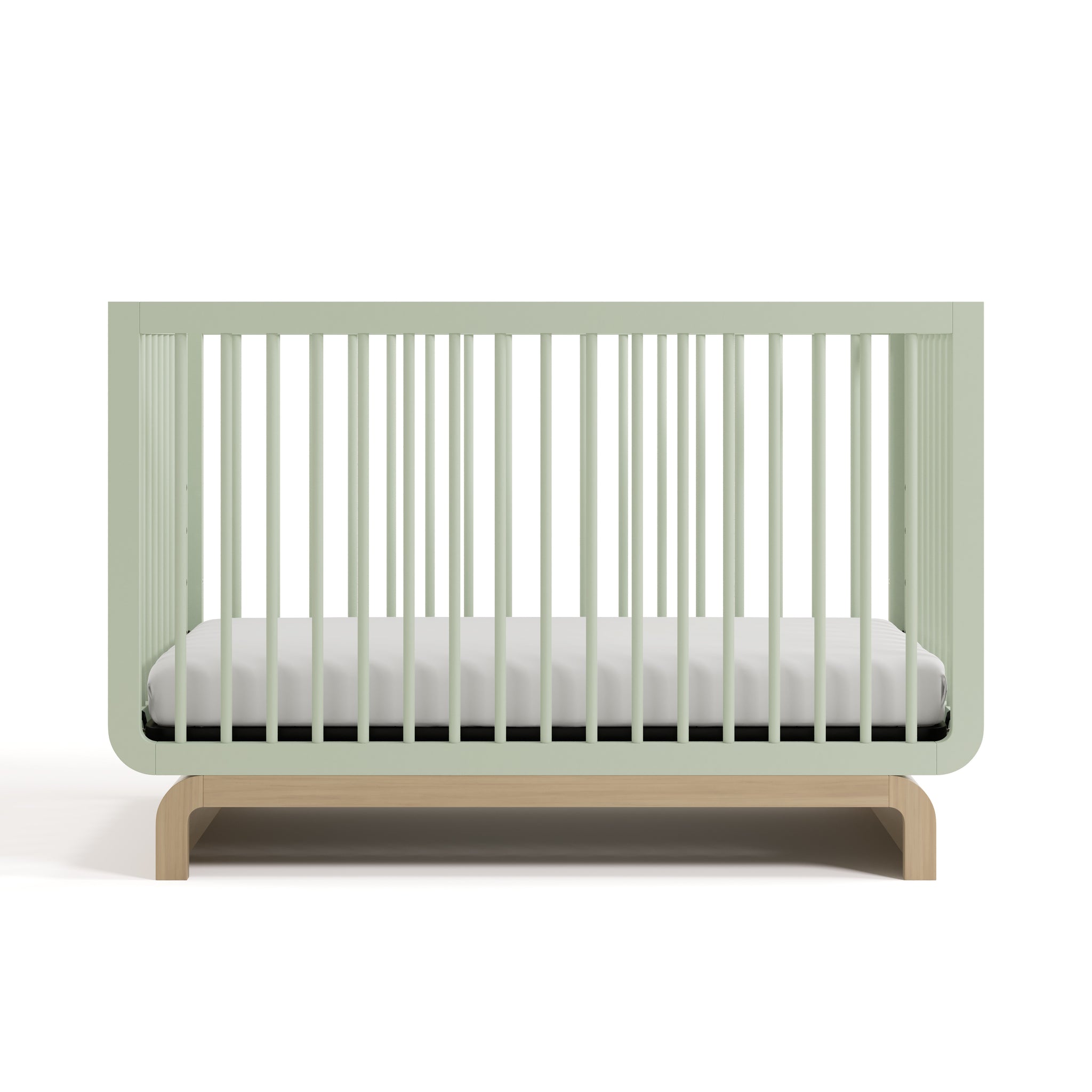 Two-tone sage and natural wood baby crib, at a front-facing angle (Sage with Driftwood)