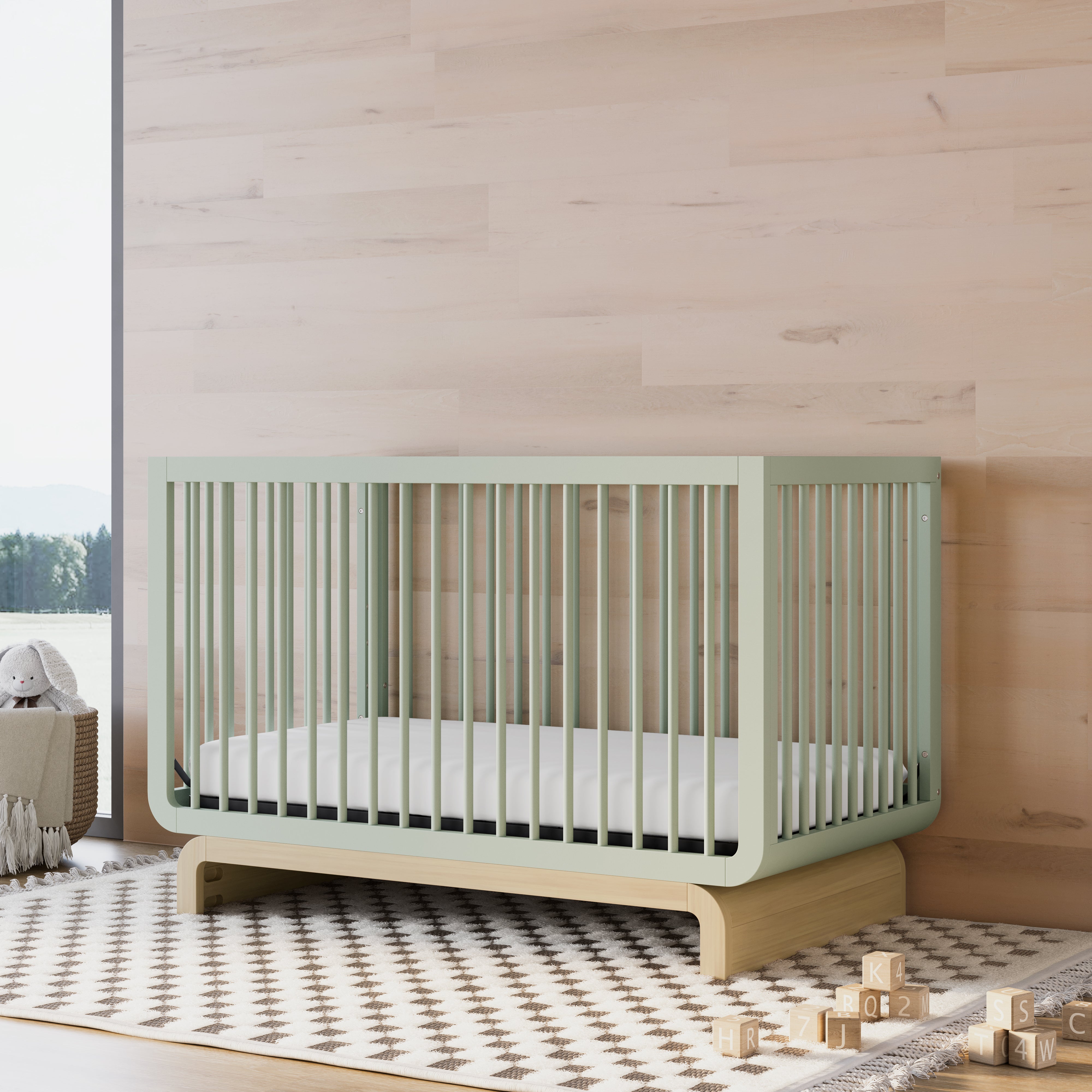 Convertible crib in sage with driftwood colorway in a nursery (Sage with Driftwood)