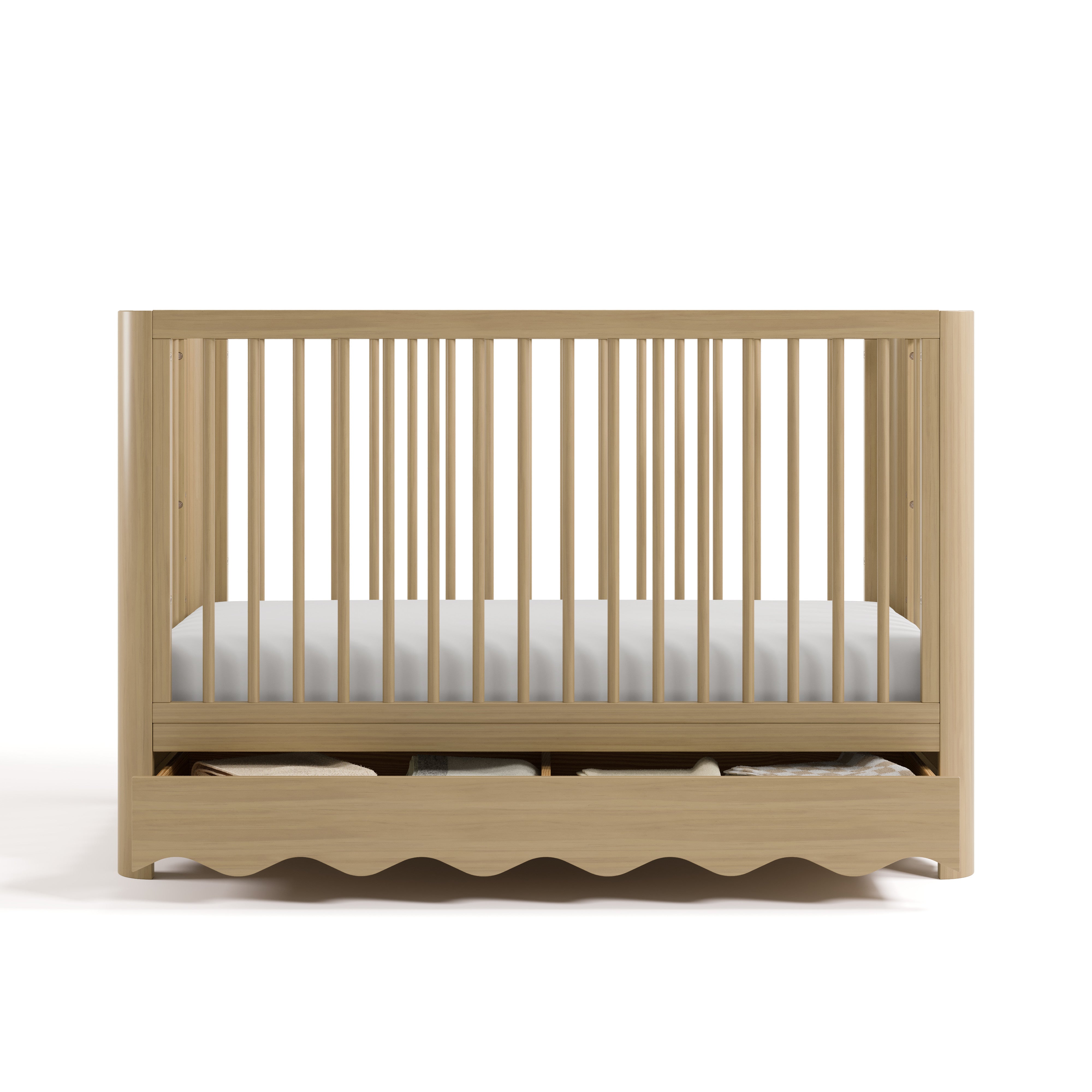 crib with drawer open driftwood front facing view