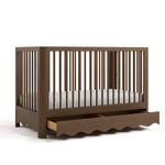 crib with drawer open hazelnut angled view