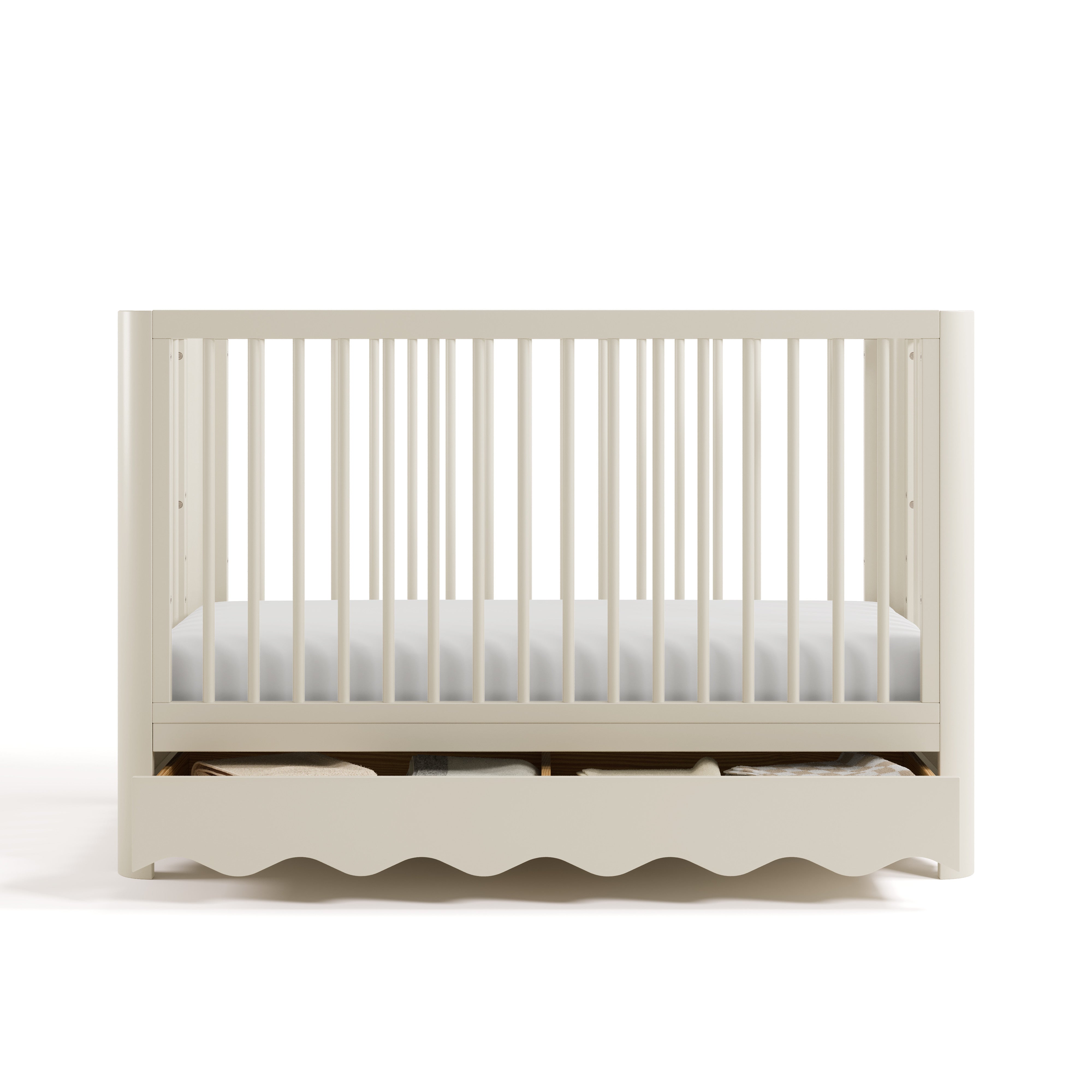 crib with drawer open frosted oat front facing view