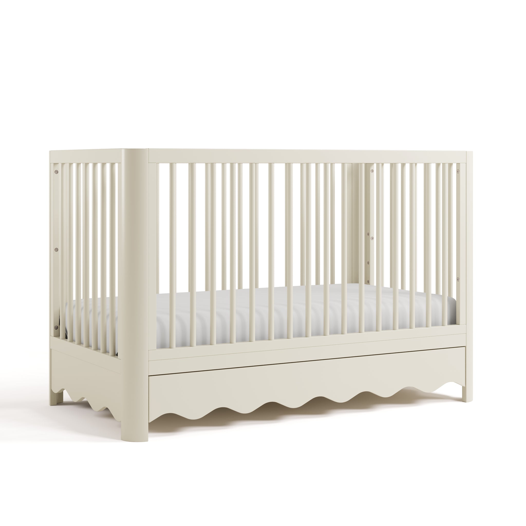 crib with drawer frosted oat angled view