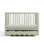 crib with drawer open sage front facing view