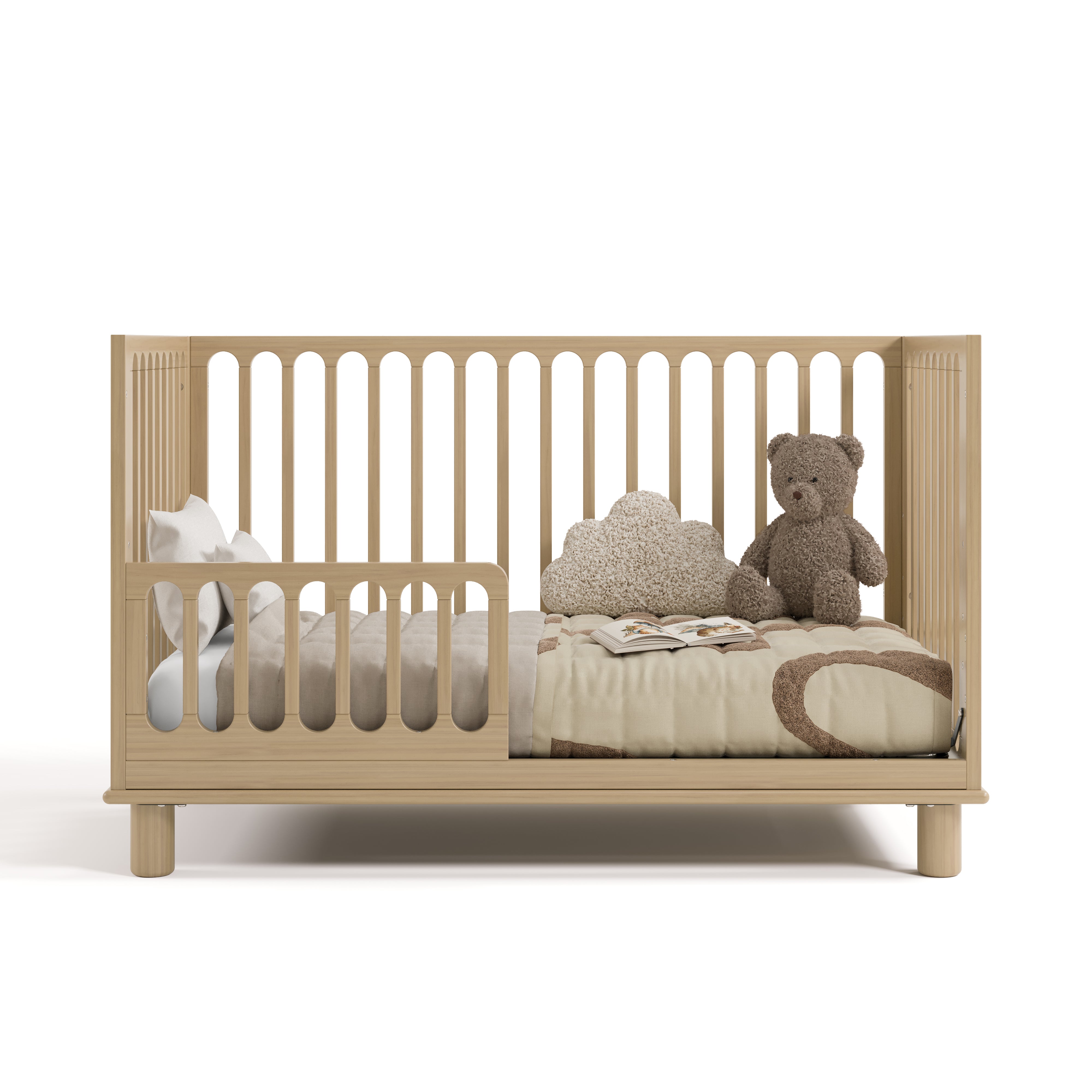 sicily driftwood crib toddler bed conversion with bedding and teddy bear