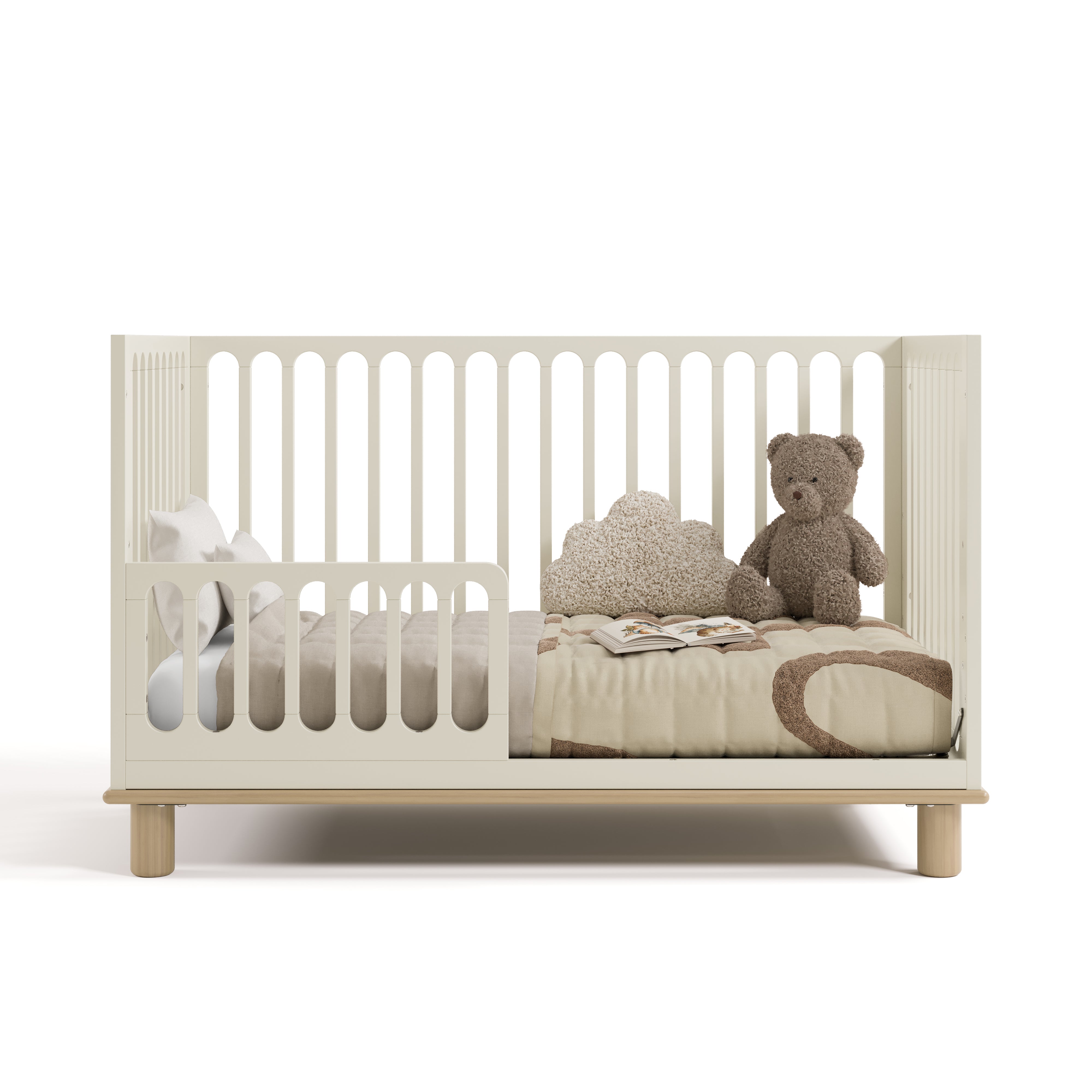 sicily frosted oat with driftwood crib toddler bed conversion with bedding and teddy bear