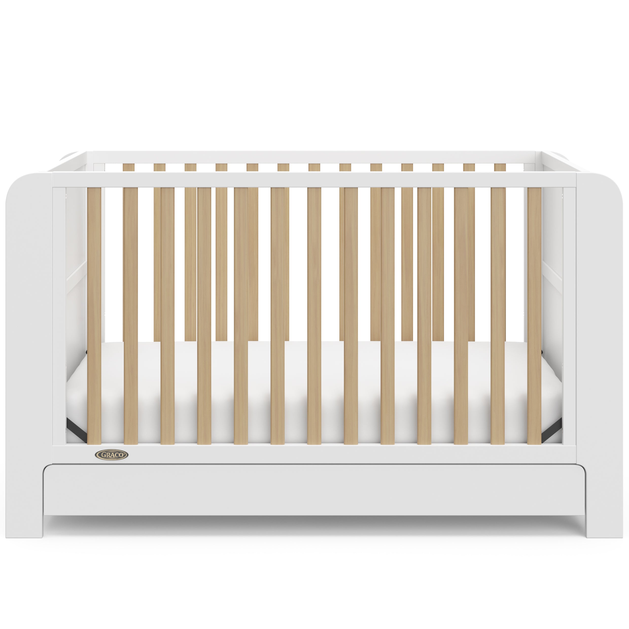 Crib with drawer front view (White with Driftwood)