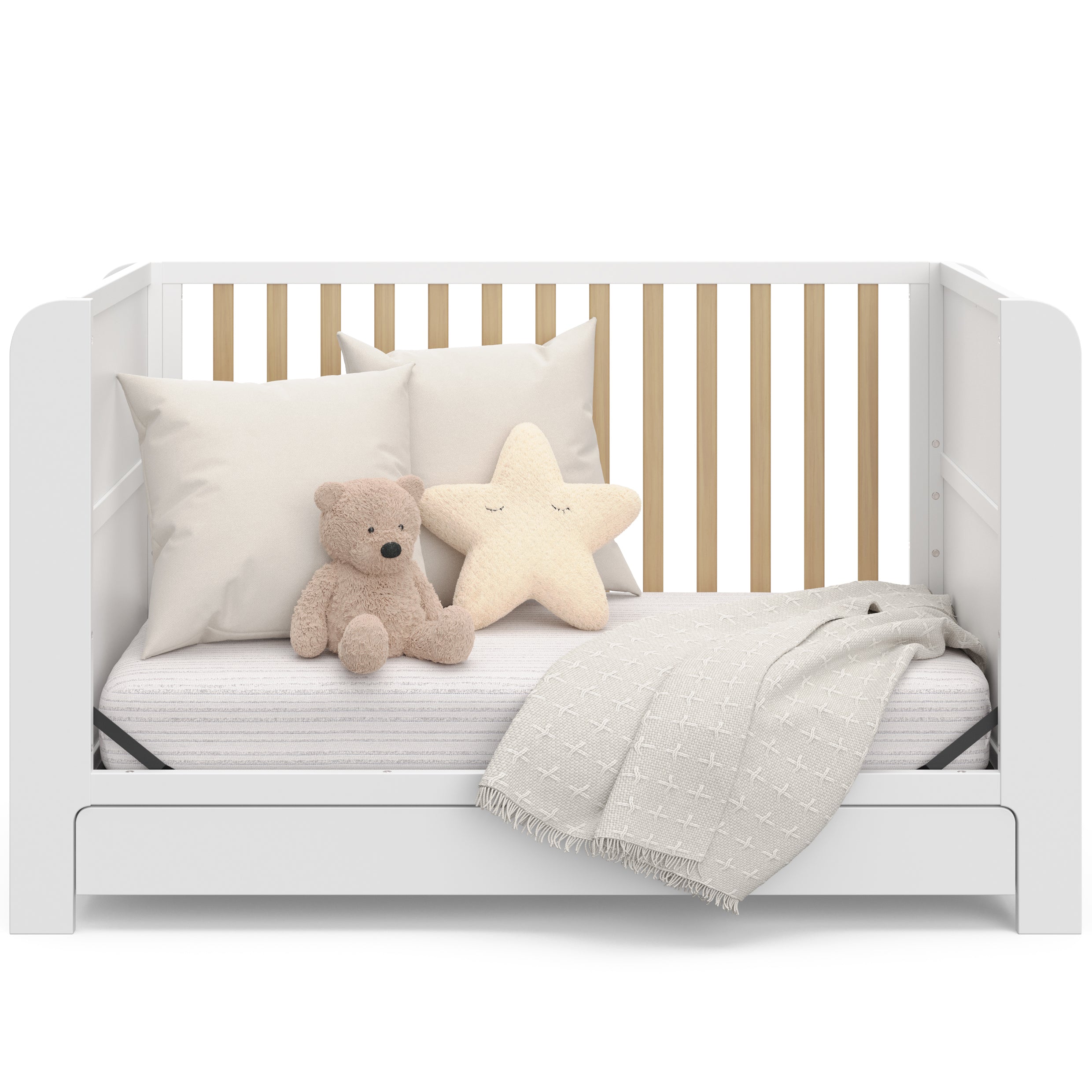 Crib with drawer in day bed conversion (White with Driftwood)