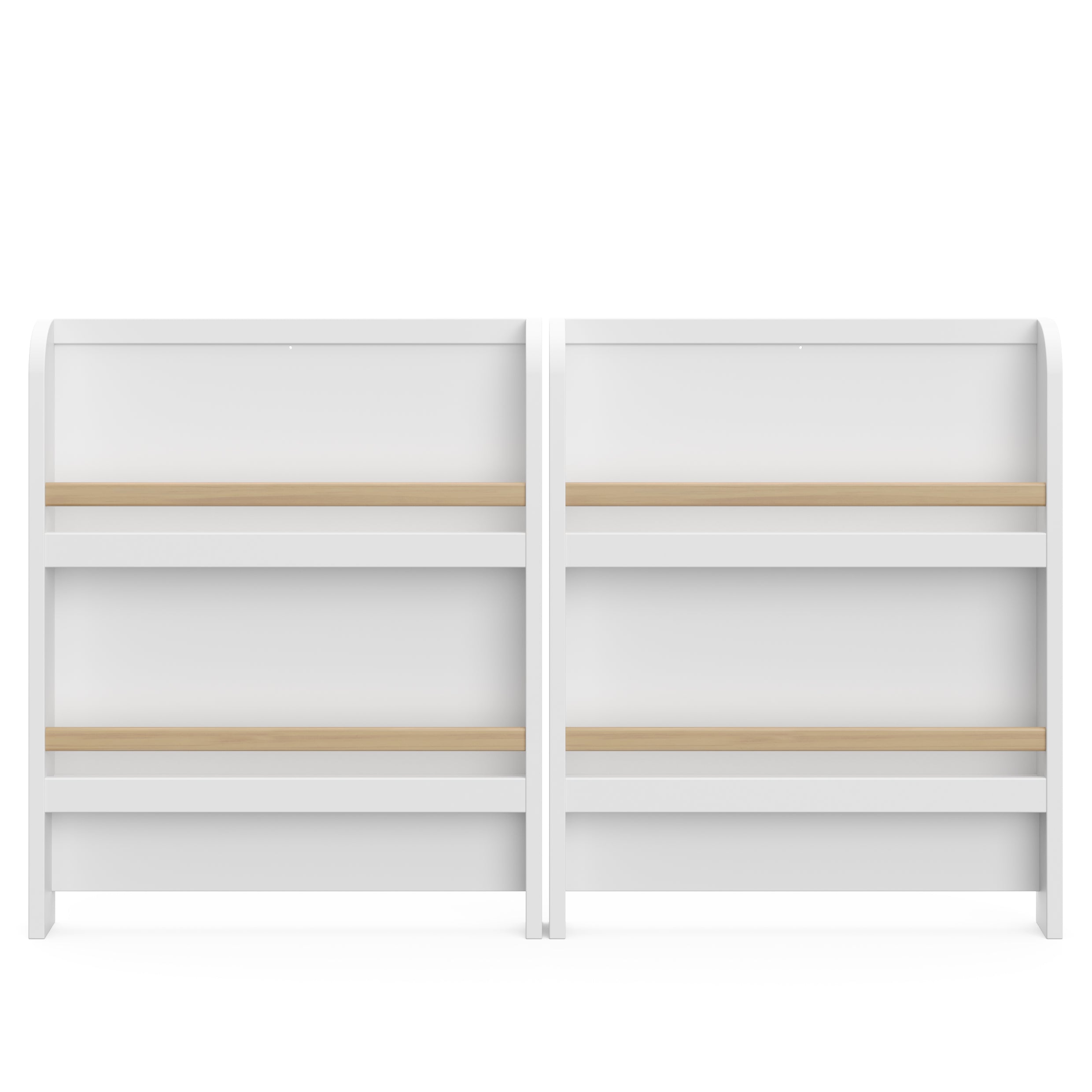 Front view of two bookshelves (White with Driftwood)