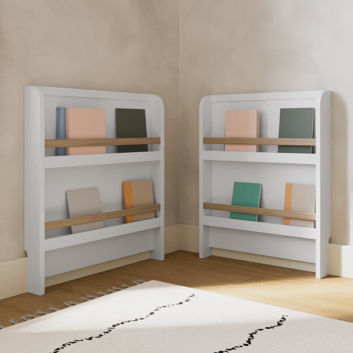  Two bookshelves with books in nursery (White with Driftwood)