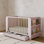 Read-with-Me crib blush with driftwood nursery shot with drawer open