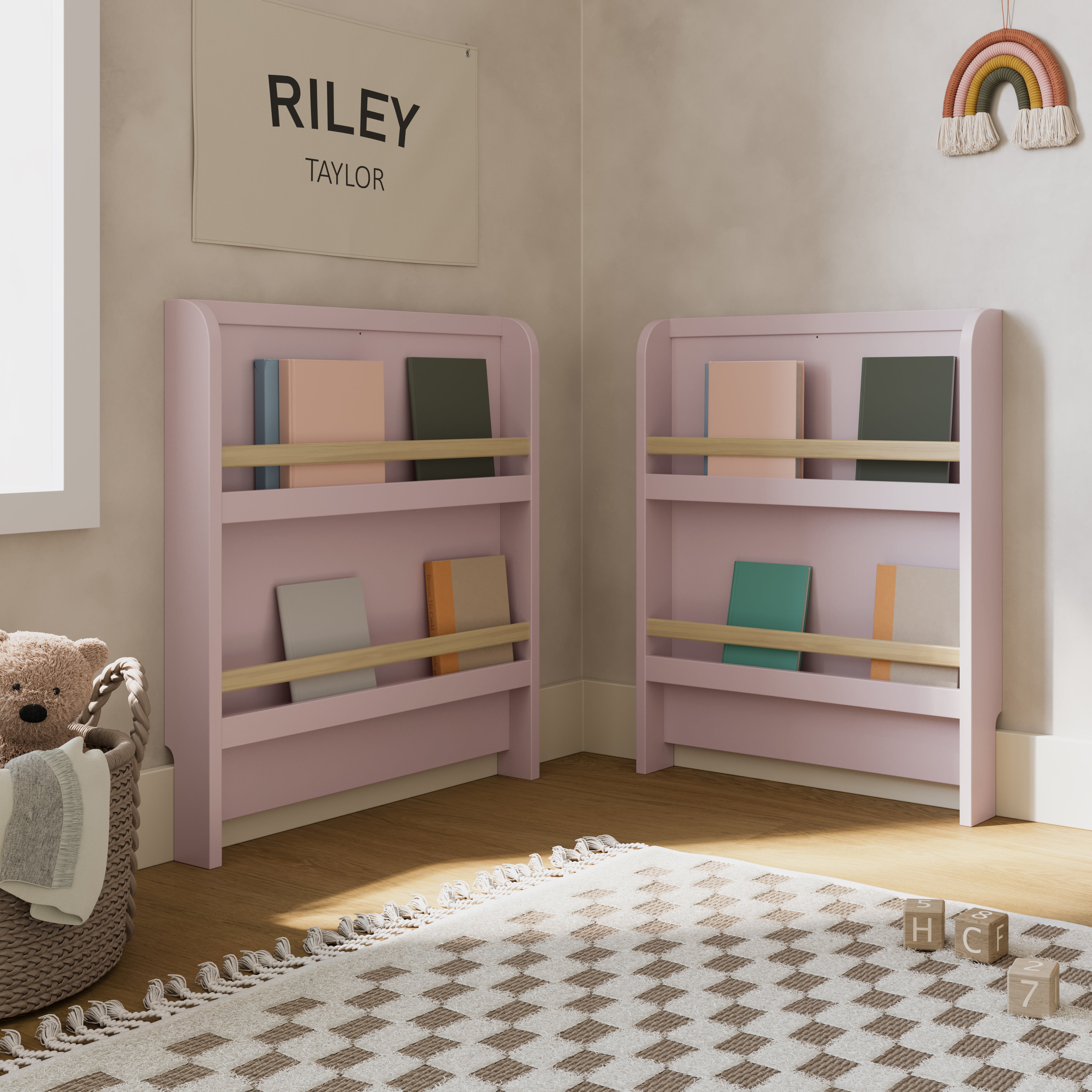 Read-with-Me crib blush with driftwood bookcase conversion nursery shot with books inside