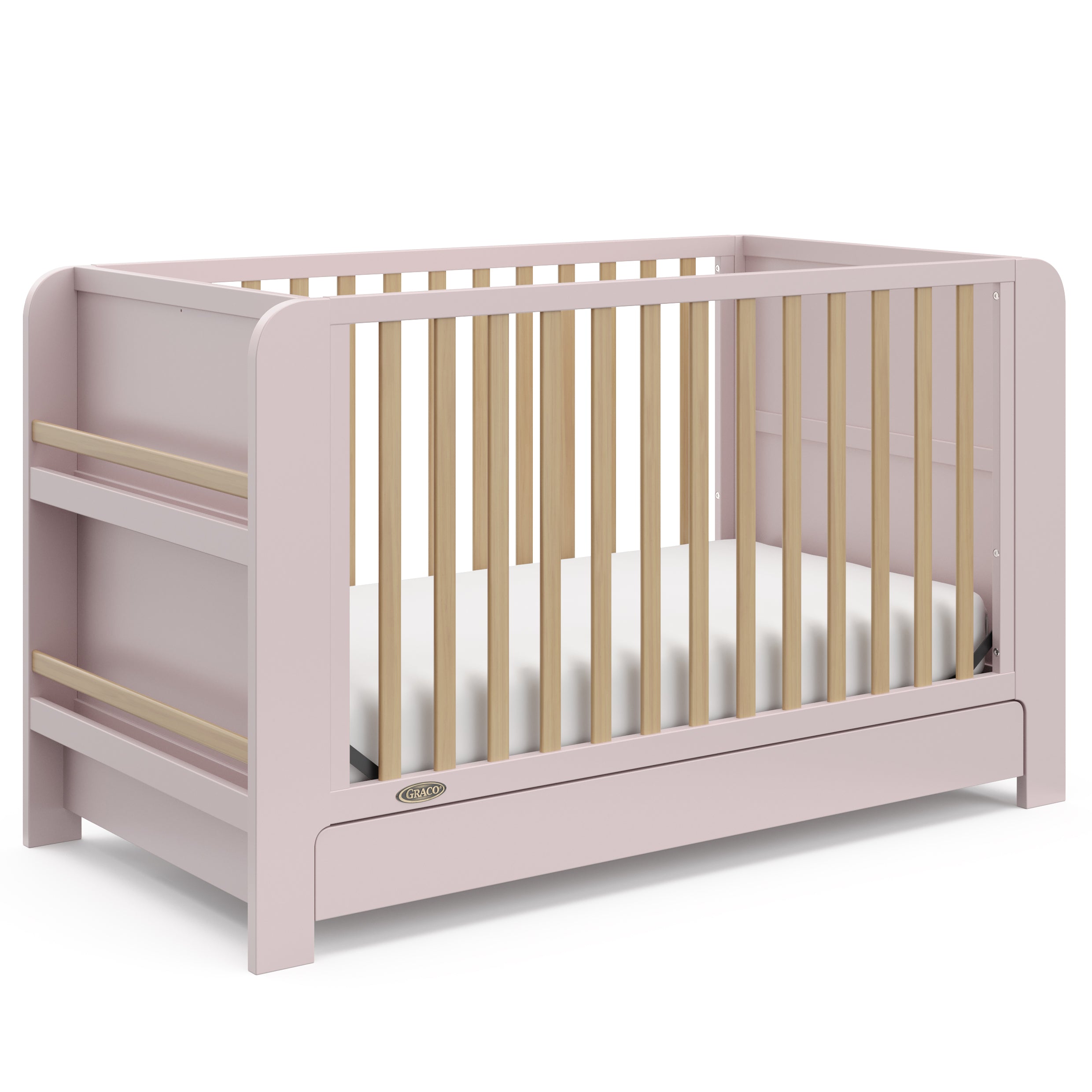 Read-with-Me crib blush with driftwood angle view