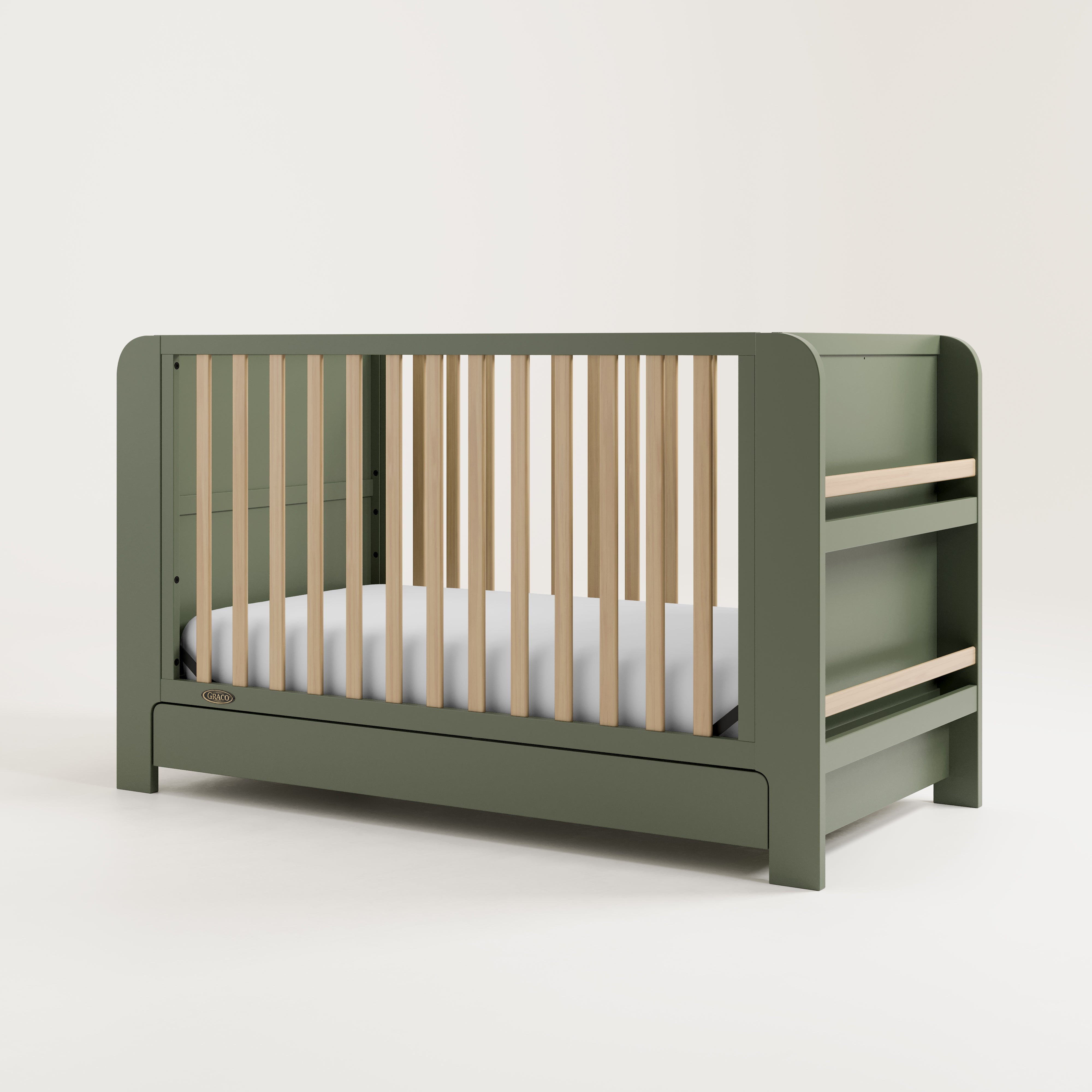 Crib with drawer angled view (Olive with Driftwood)