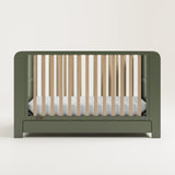 Crib with drawer front view (Olive with Driftwood)