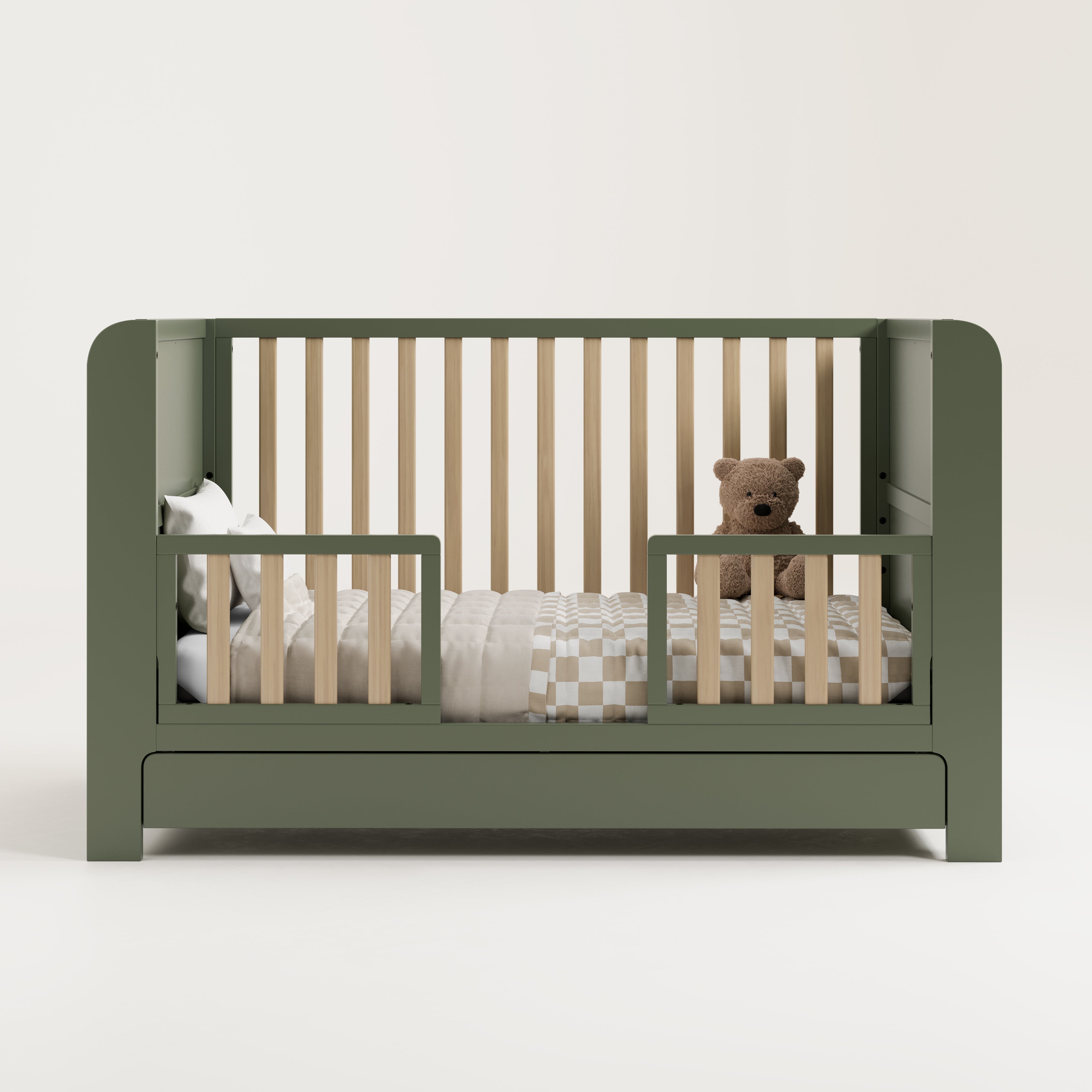 Crib with drawer with two guardrails (Olive with Driftwood)