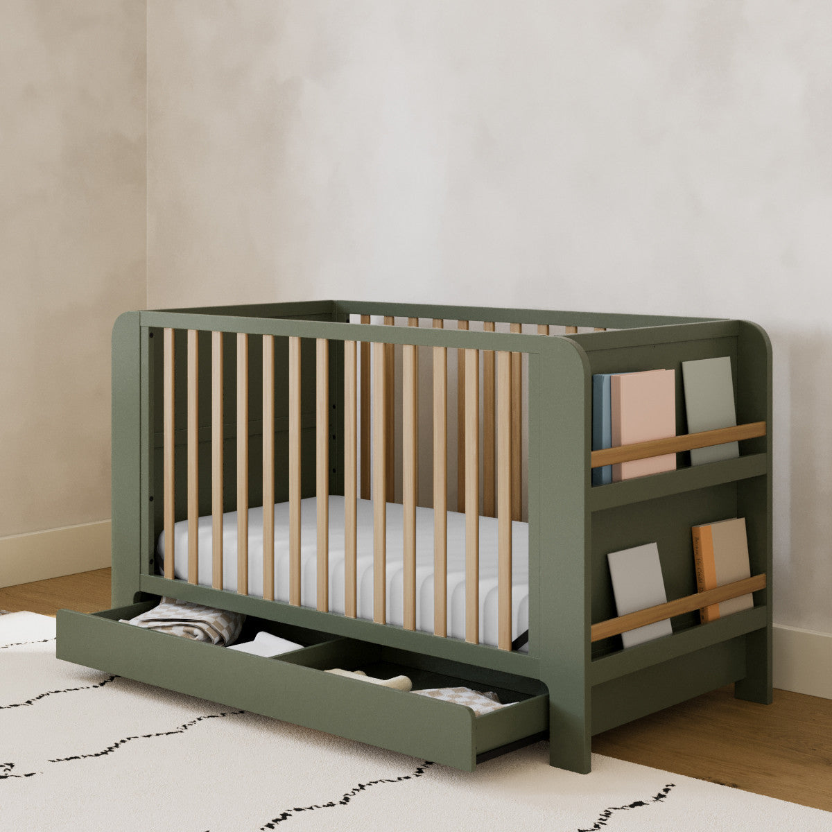 Crib in nursery with open drawer (Olive with Driftwood)