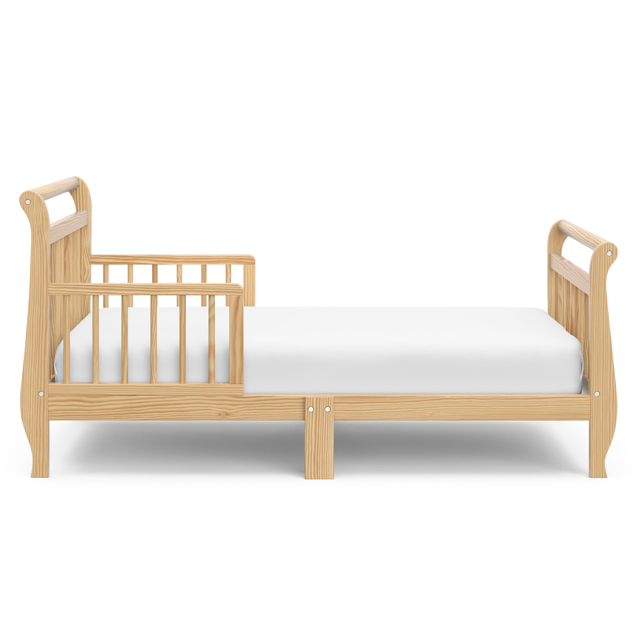 side view of natural toddler bed with guardrails