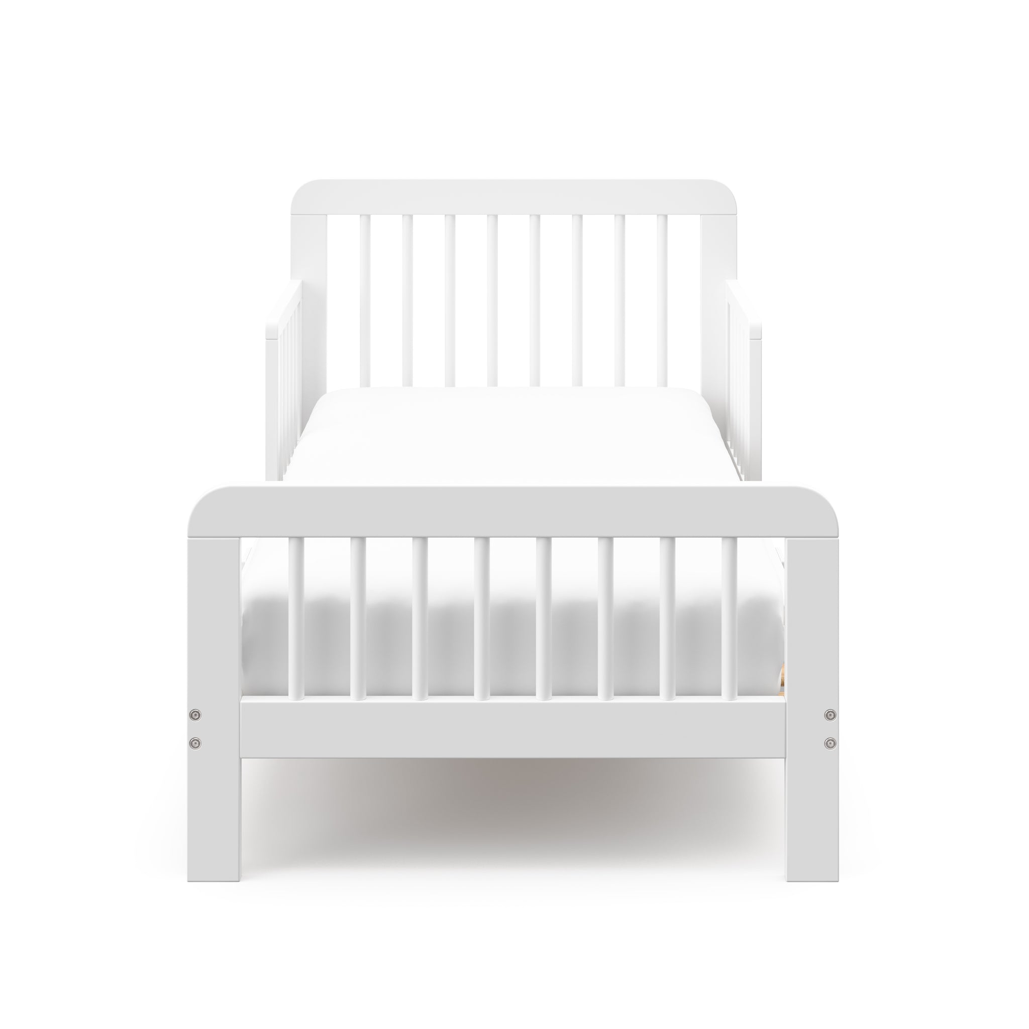 front view of a white toddler bed