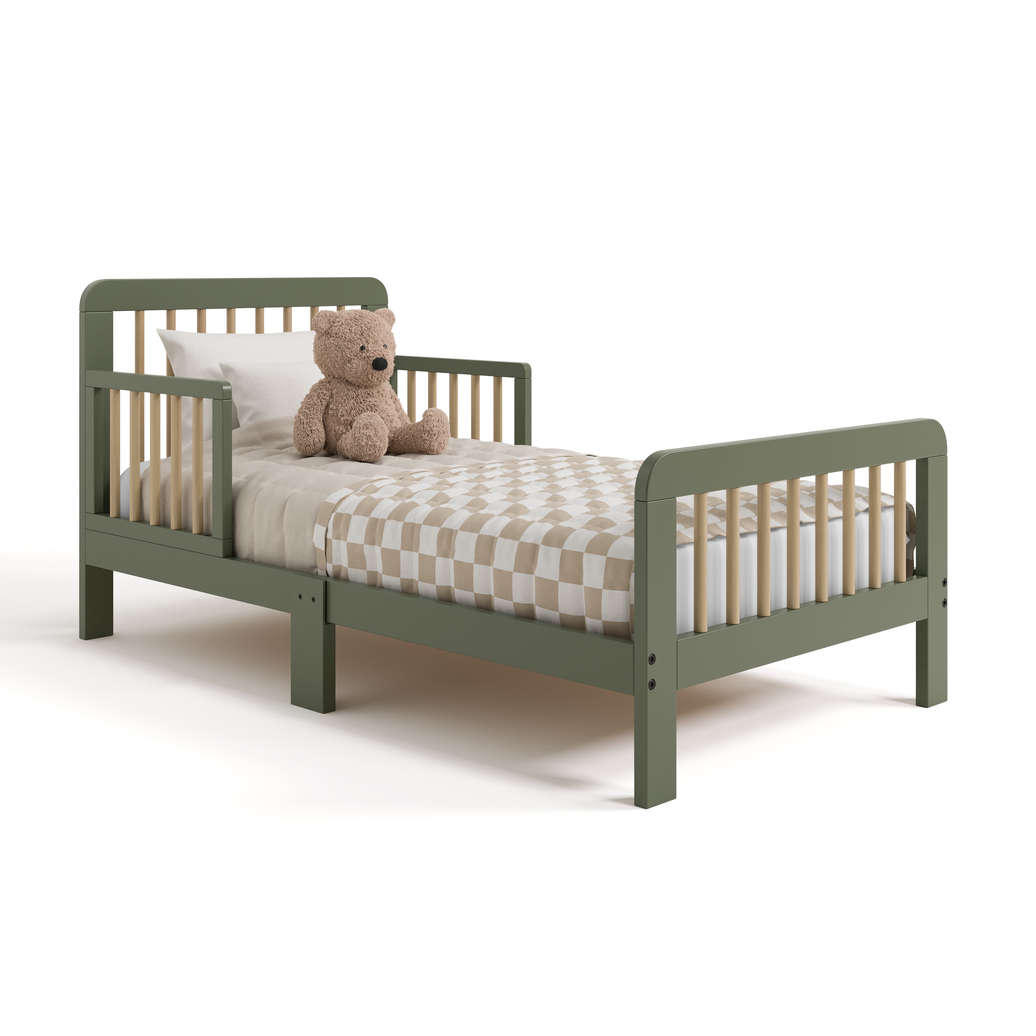 Pasadena olive with driftwood toddler bed with bedding and teddy bear angle view