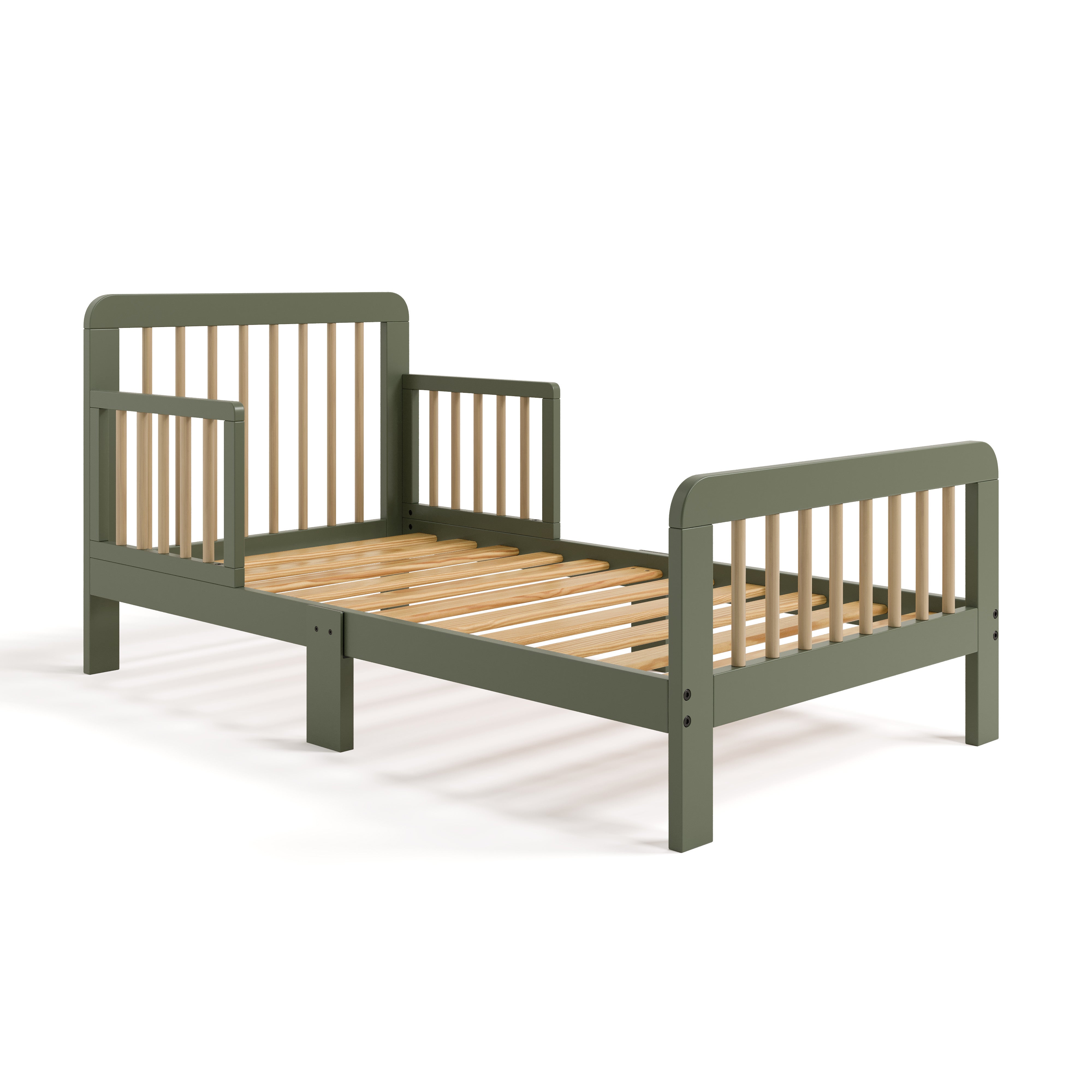 Pasadena olive with driftwood toddler bed without mattress angle view