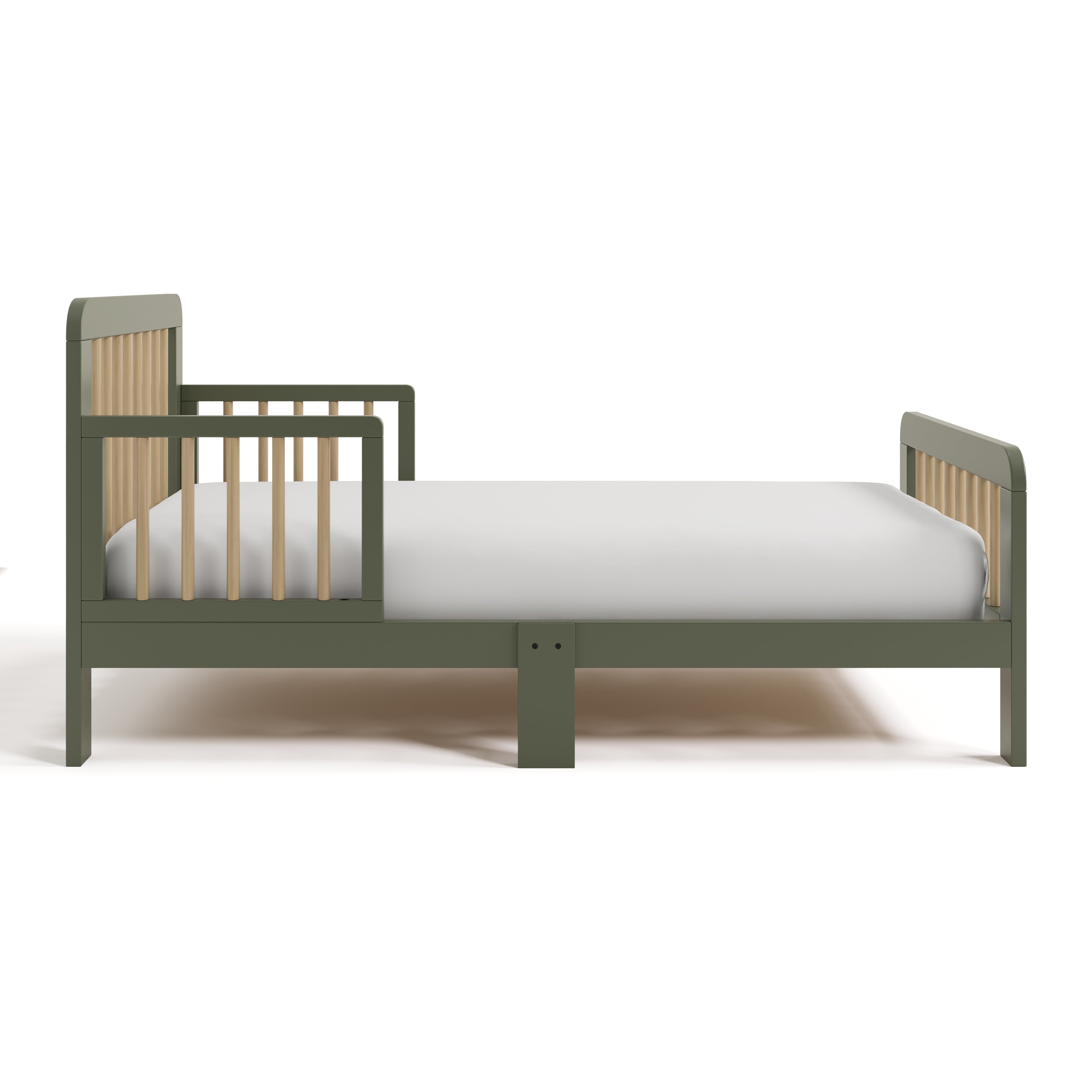 Pasadena olive with driftwood toddler bed side view