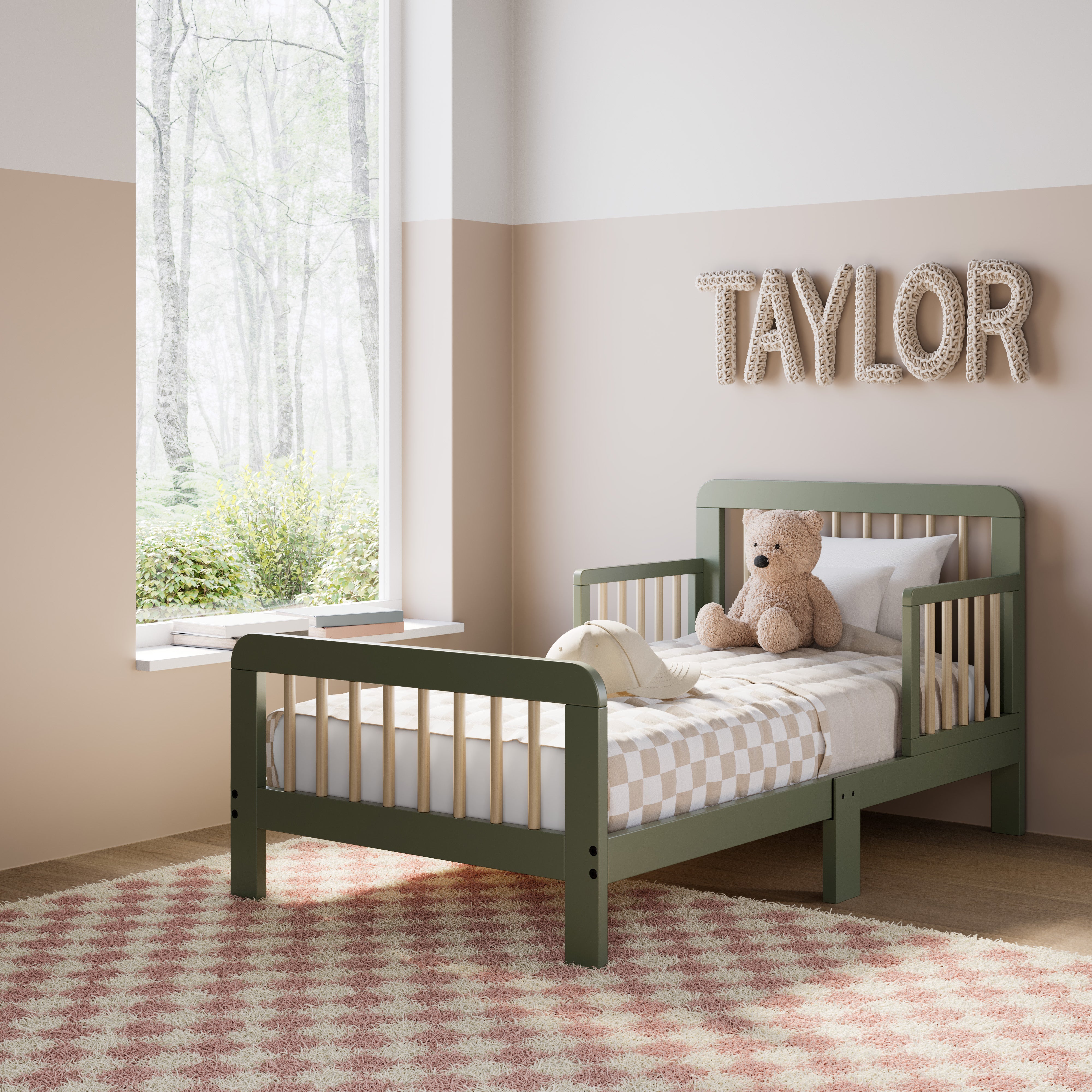 Pasadena olive with driftwood toddler bed in kids room