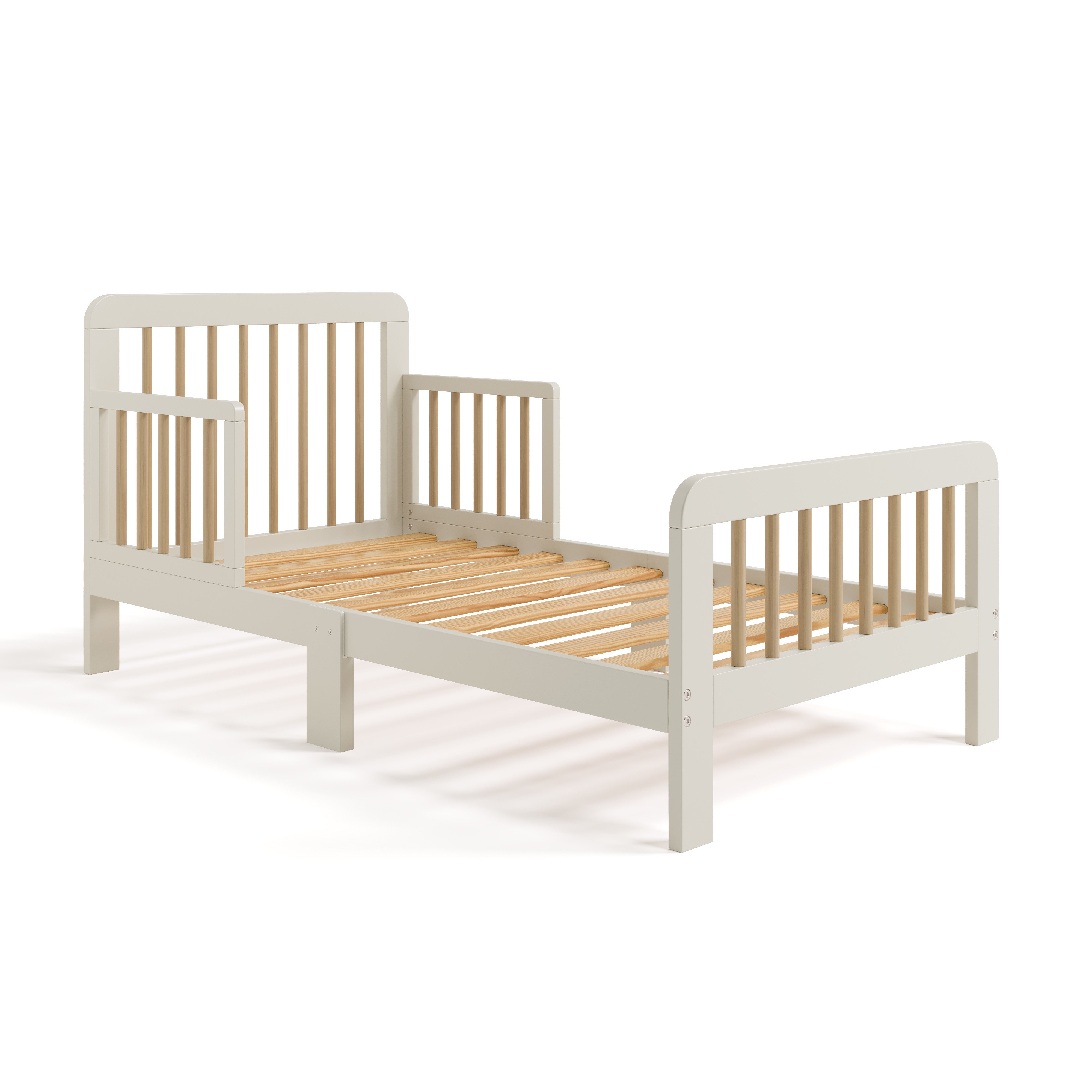 Pasadena frosted oat with driftwood toddler bed without mattress angle view