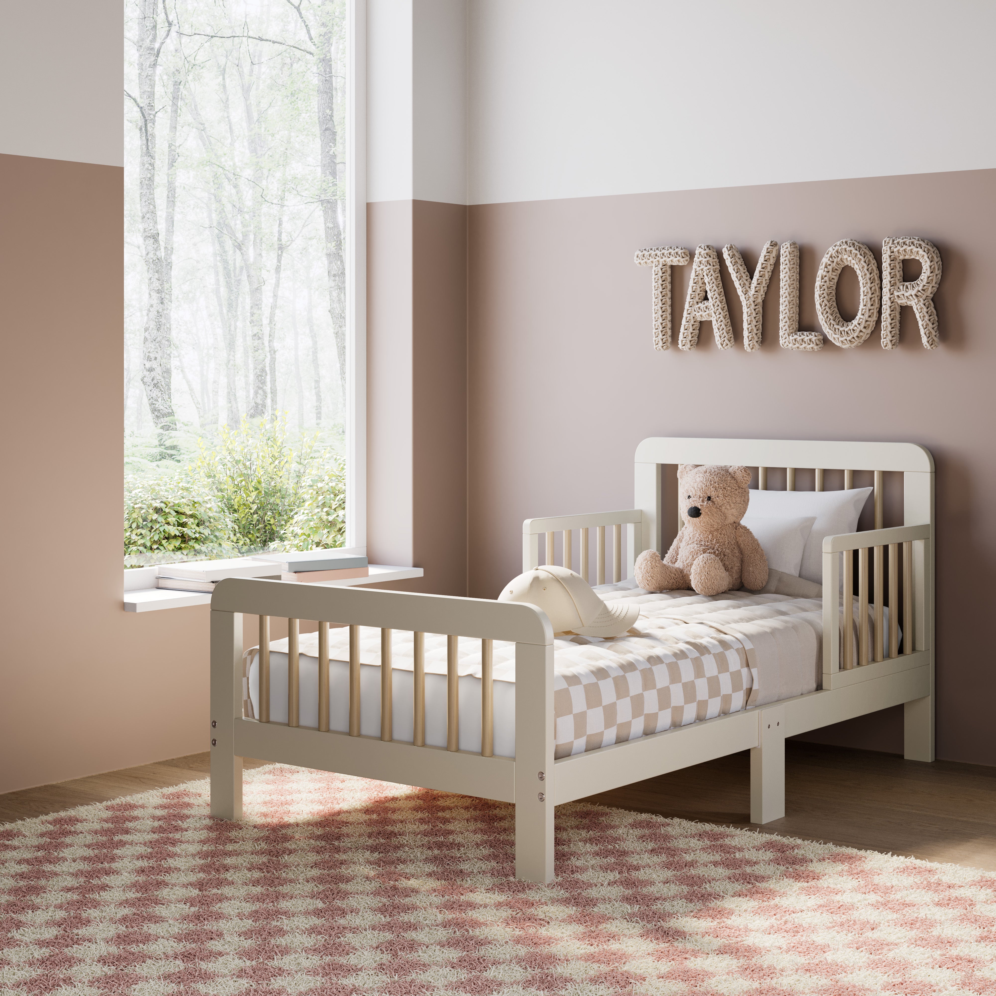 Pasadena frosted oat with driftwood toddler bed in kids room