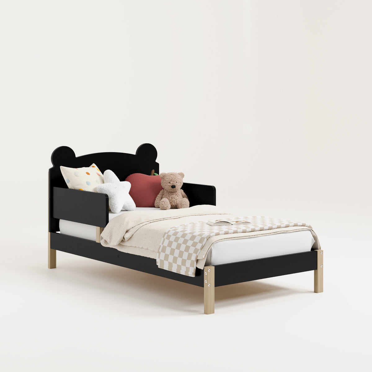 Angled view of a black-colored toddler bed