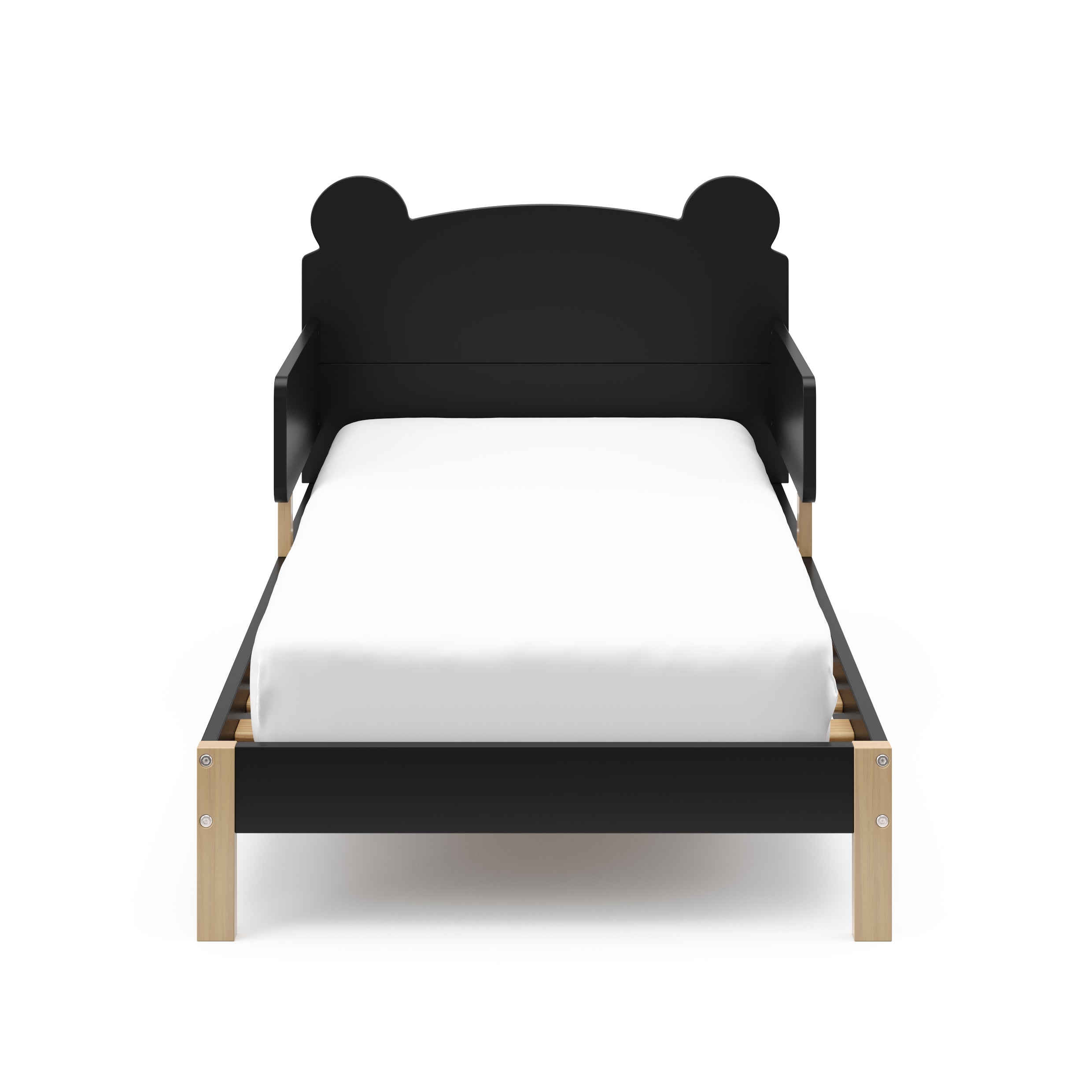 Front view of a black-colored toddler bed with teddy bear ears shape