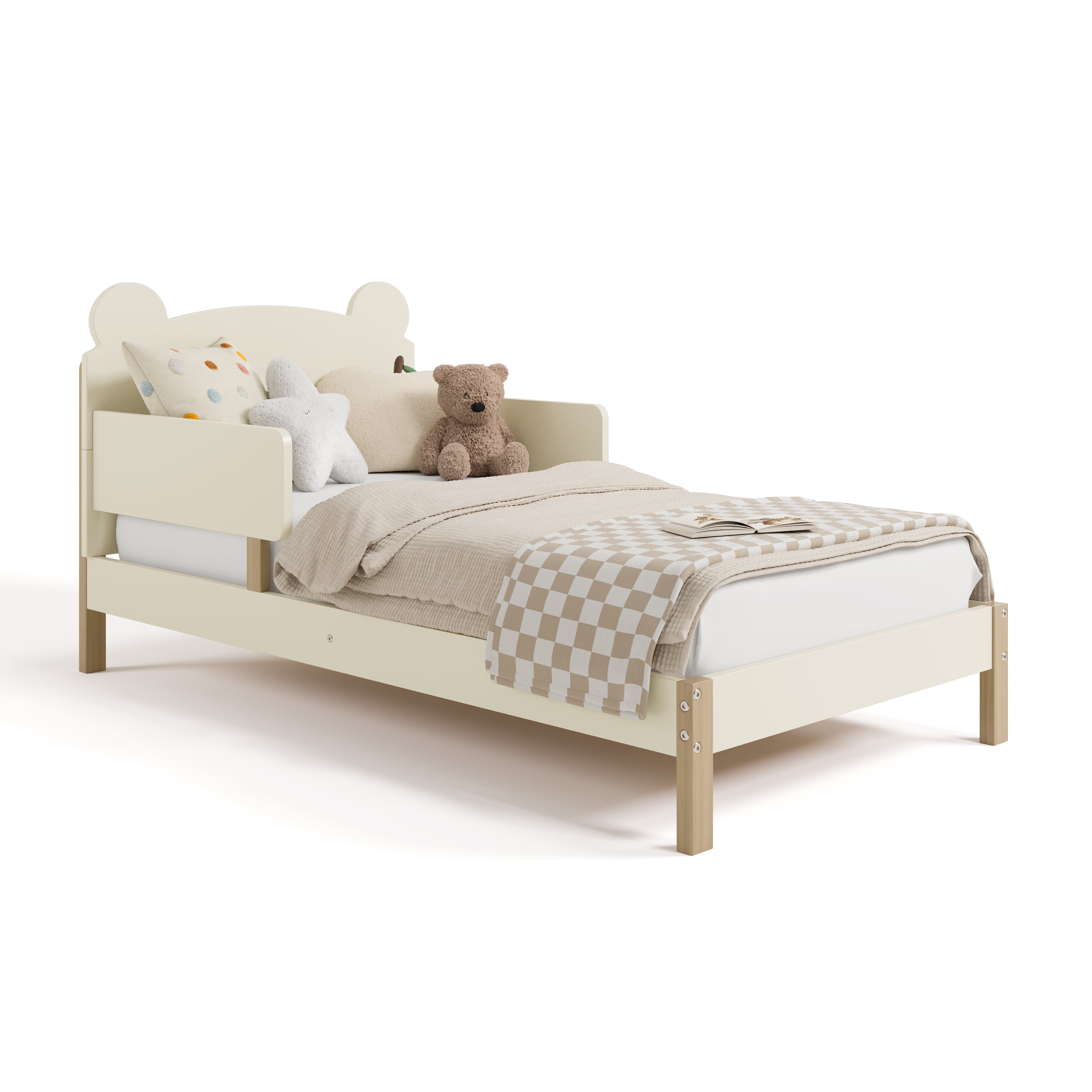 teddy bear frosted oat with driftwood toddler bed with bedding angle view